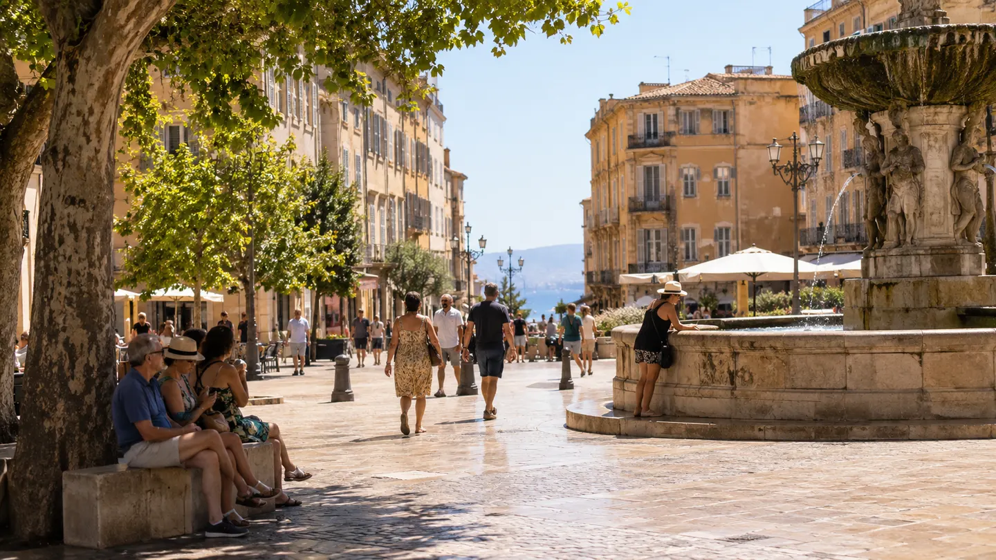 Place du sud de la France en plein soleil avec passants cherchant l’ombre près d’une fontaine