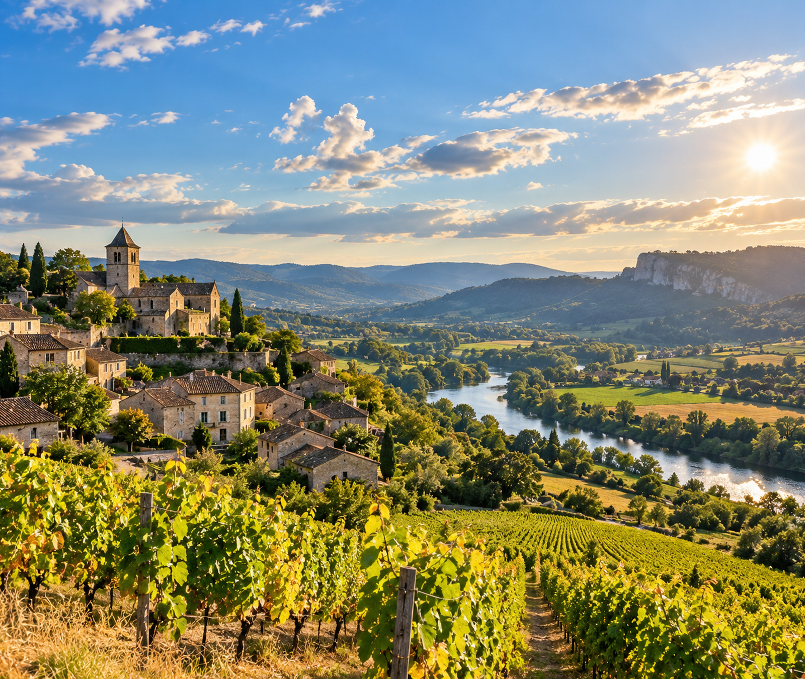 Paysage français ensoleillé avec vignobles, village et ciel peu nuageux