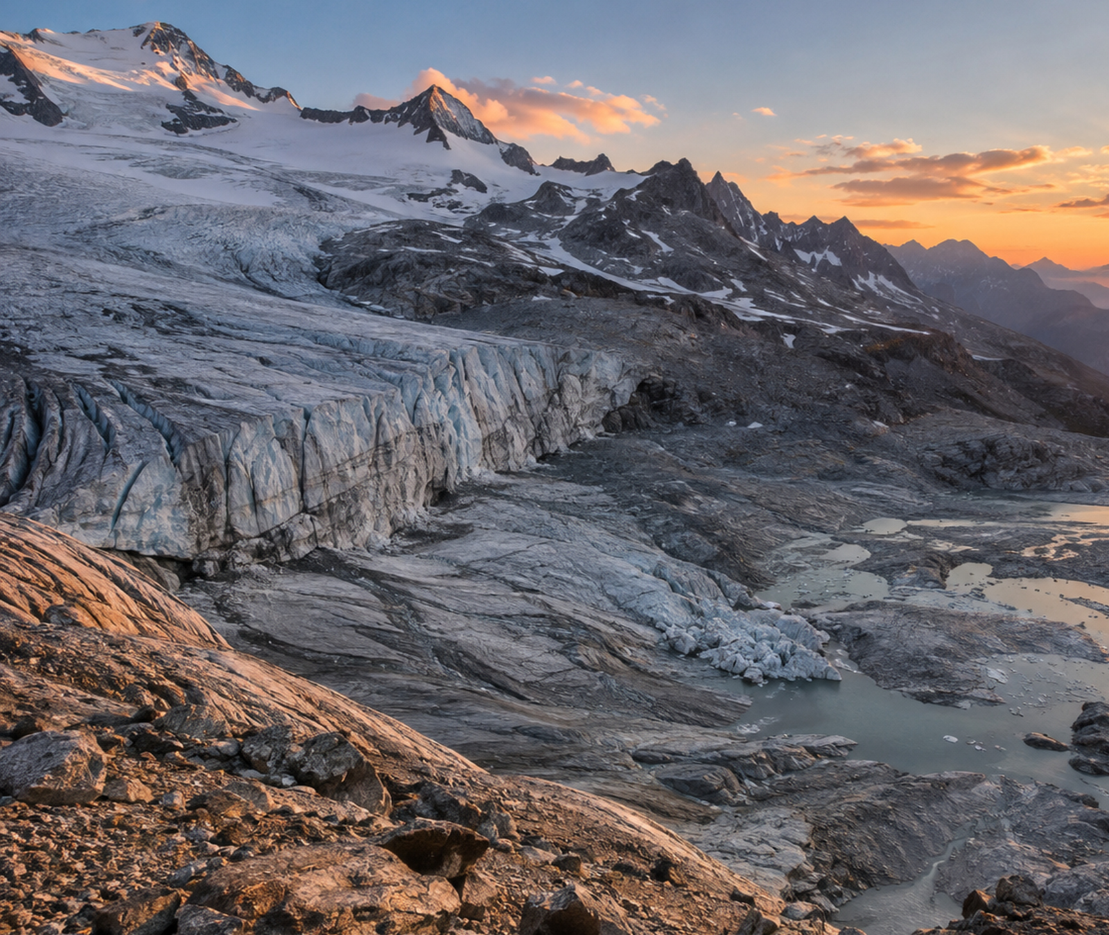 Glacier de haute montagne fortement aminci avec roche nue et eaux de fonte, image symbolique du recul des glaciers français