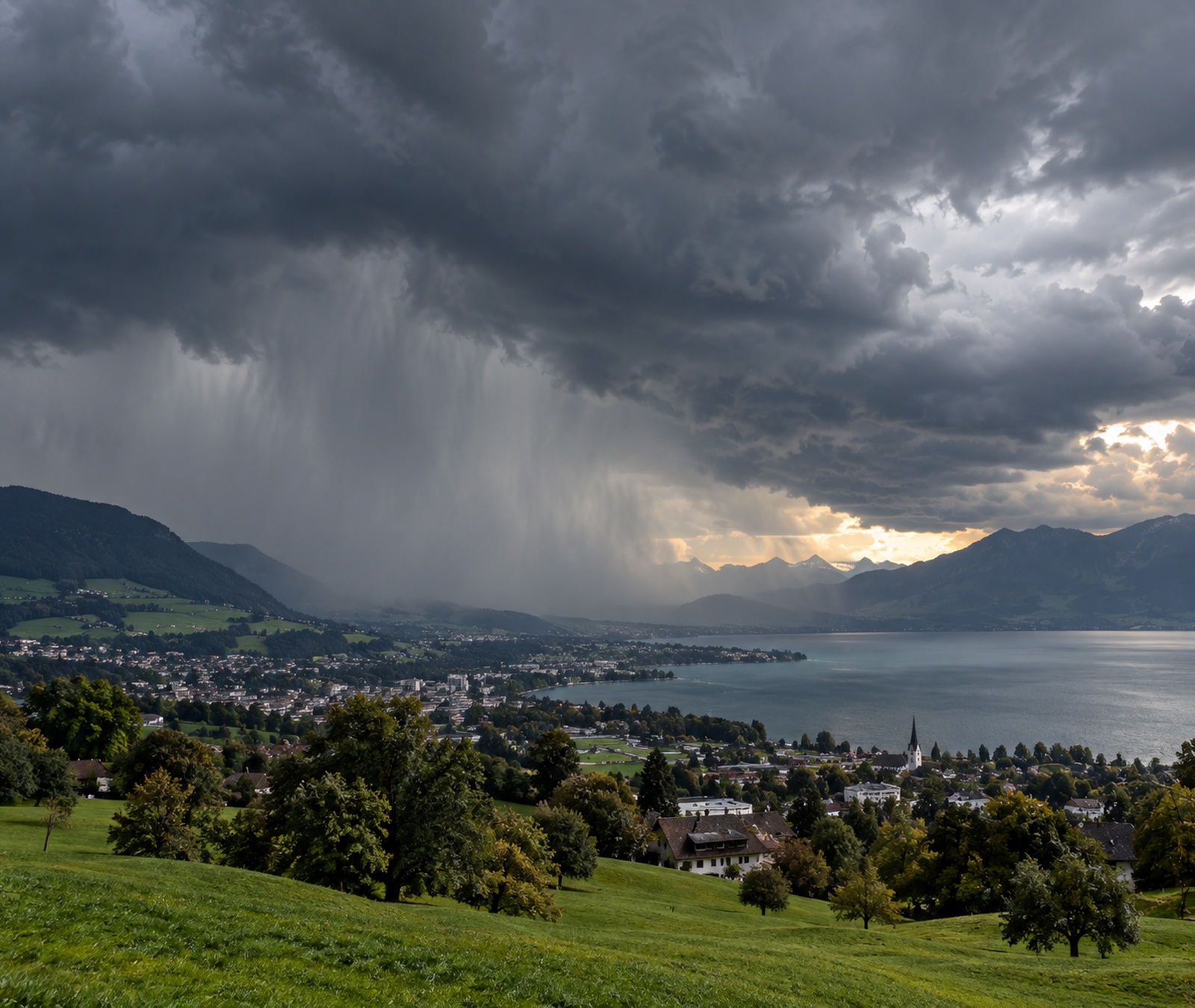 Paysage alpin français verdoyant avec éclaircies et une averse locale au loin