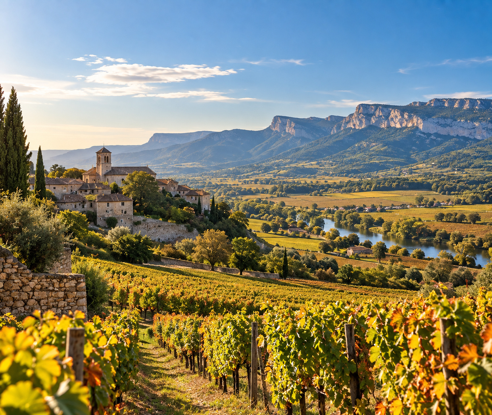Paysage français ensoleillé avec vignobles, village et ciel calme
