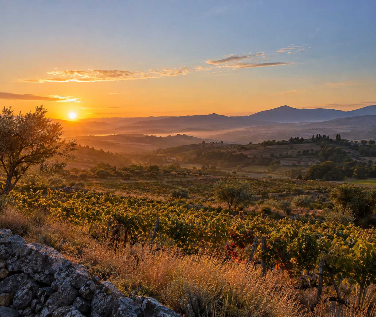 Paysage rural français au lever du soleil avec vignobles et ambiance chaude de fin septembre