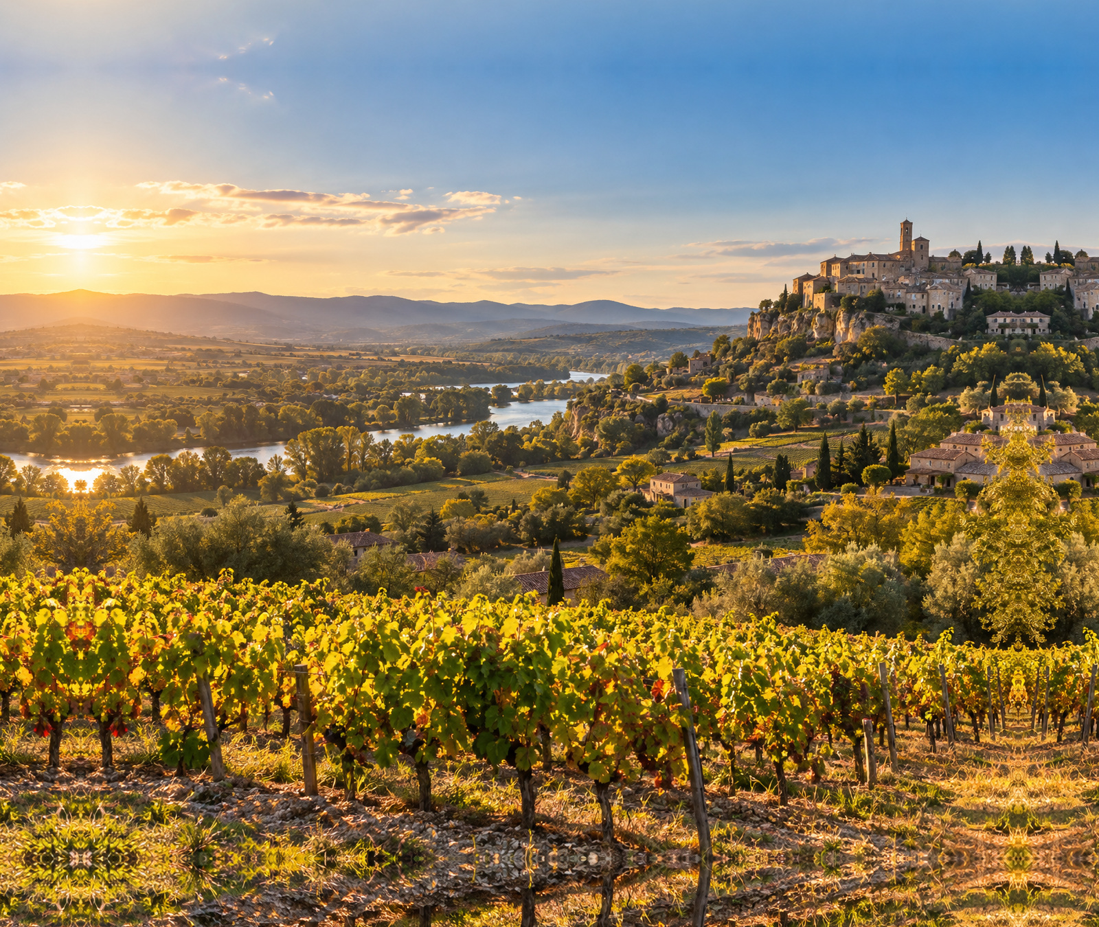 Paysage français de fin septembre avec vignobles et soleil sous quelques nuages