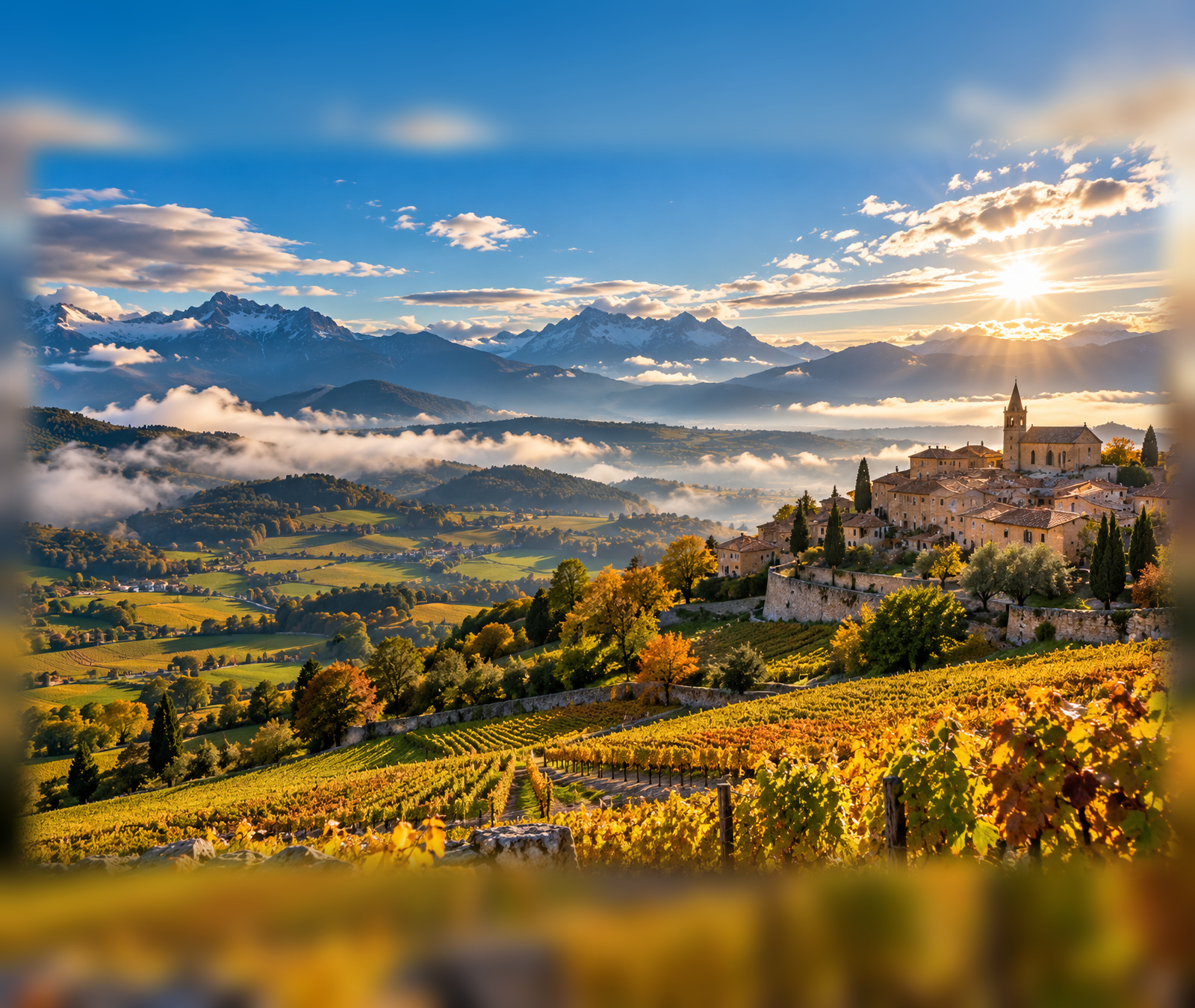 Vignobles et village français sous un ciel lumineux avec brumes matinales