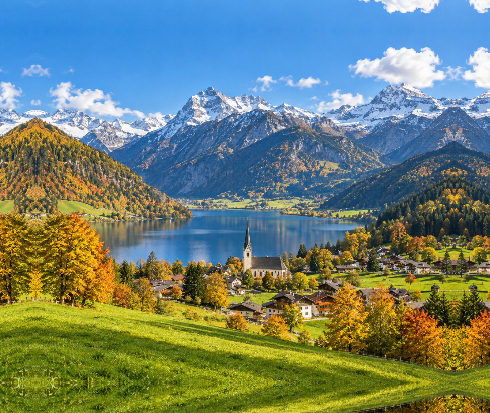 Paysage de montagne et de lac sous un ciel lumineux, utilisé comme image d’illustration pour la météo en France.