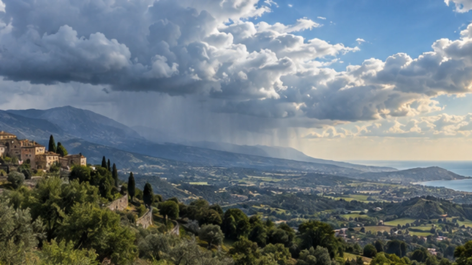 Paysage français sous un ciel changeant avec averses au loin et éclaircies, image symbolique