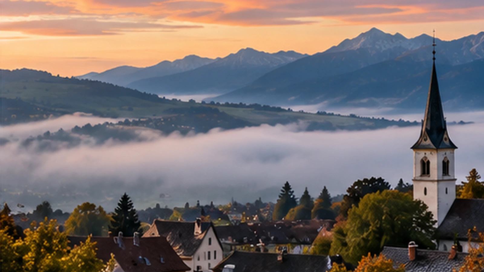 Brume fraîche au lever du jour sur un village et des reliefs, image symbolique d’une matinée froide en France