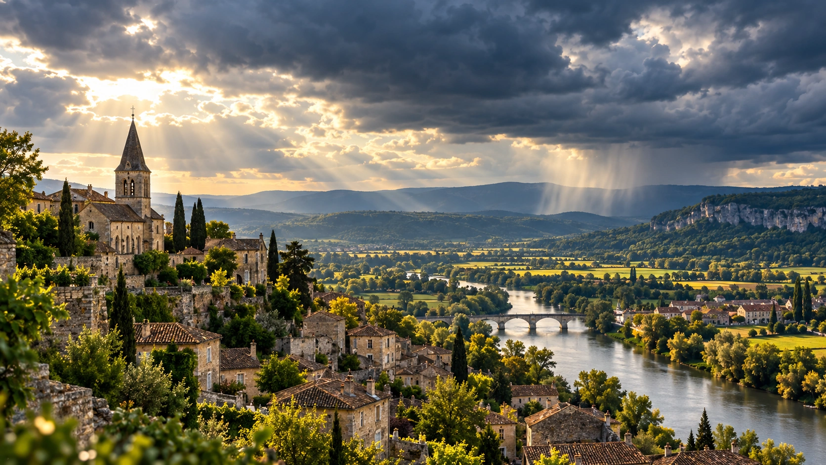 Paysage français sous un ciel partagé entre éclaircies et nuages comme image symbolique