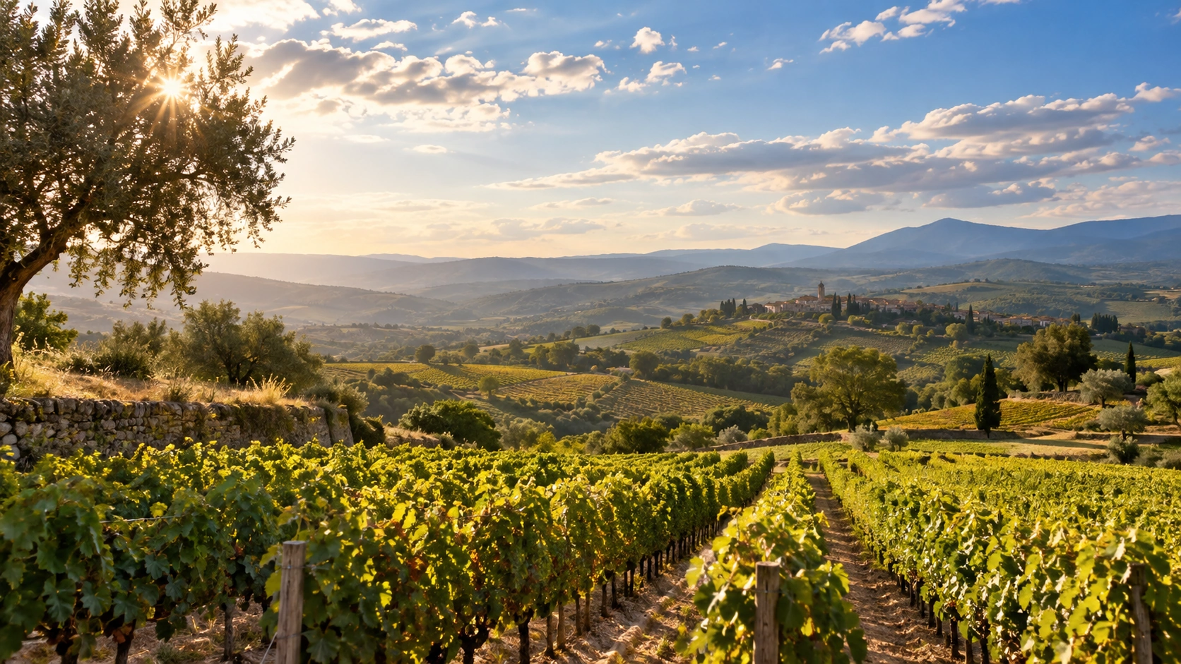 Vignoble français dans la lumière du matin avec collines et ciel peu nuageux comme image symbolique