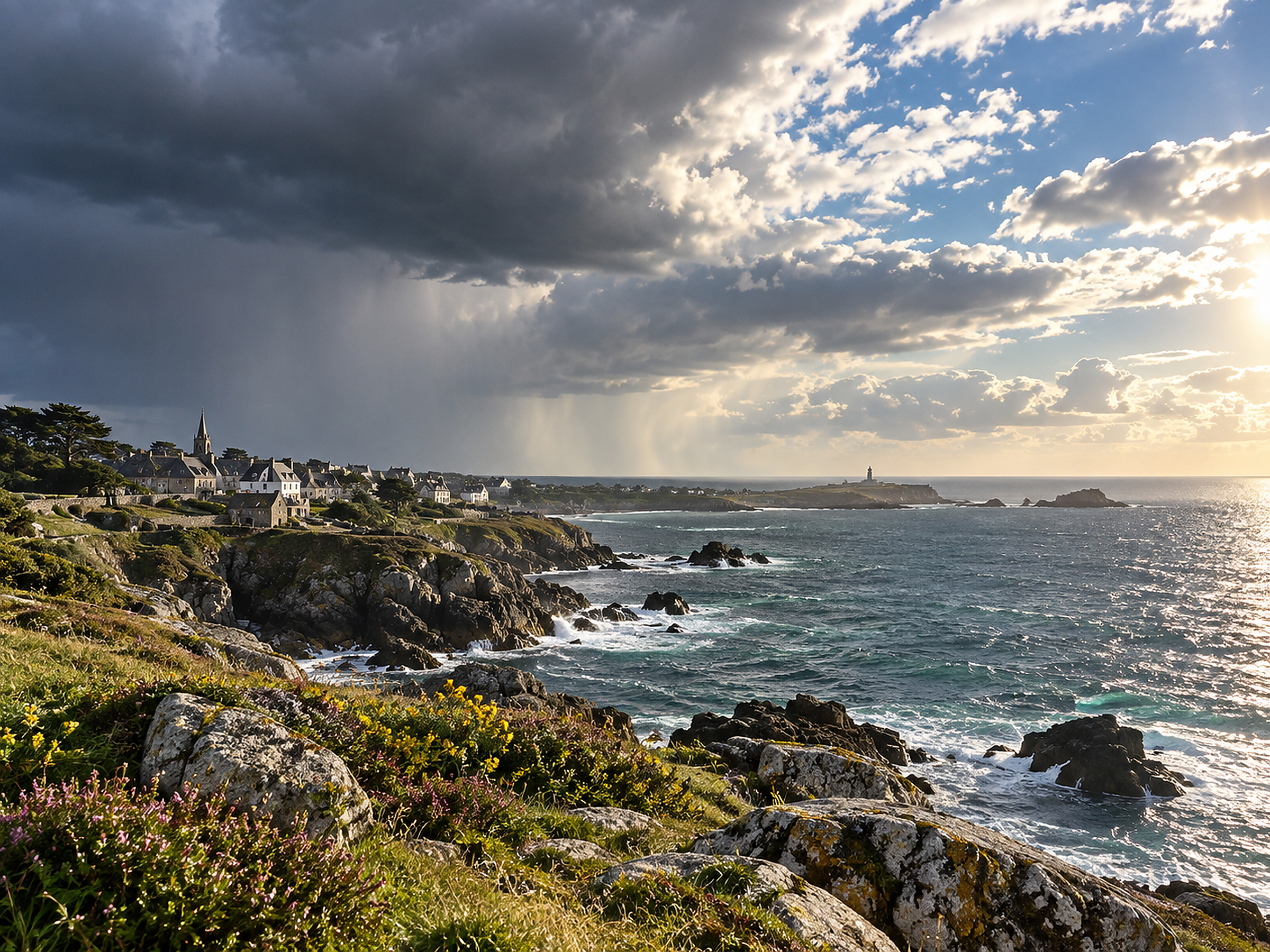 Illustration météo éditoriale réaliste pour la France avec averses sur la côte et éclaircies