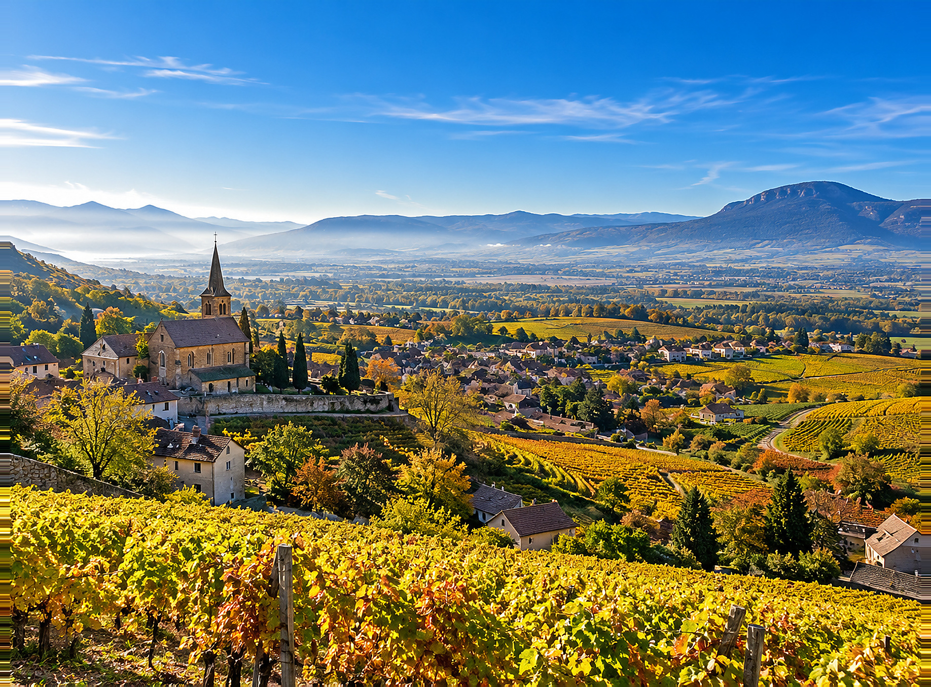Paysage viticole français ensoleillé avec village et collines aux couleurs de début d’automne