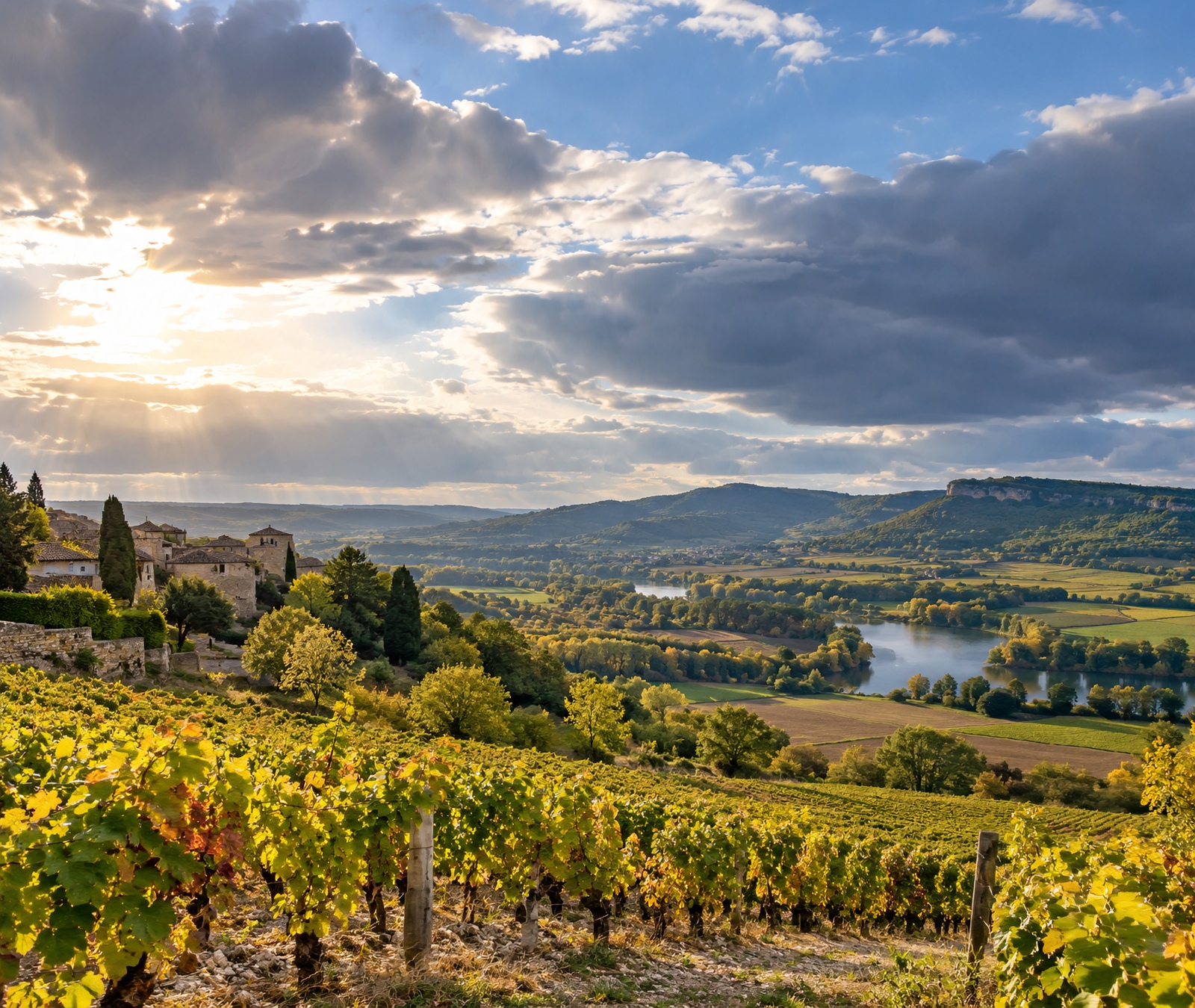 Paysage français de vignobles sous un ciel de plus en plus chargé en fin de septembre