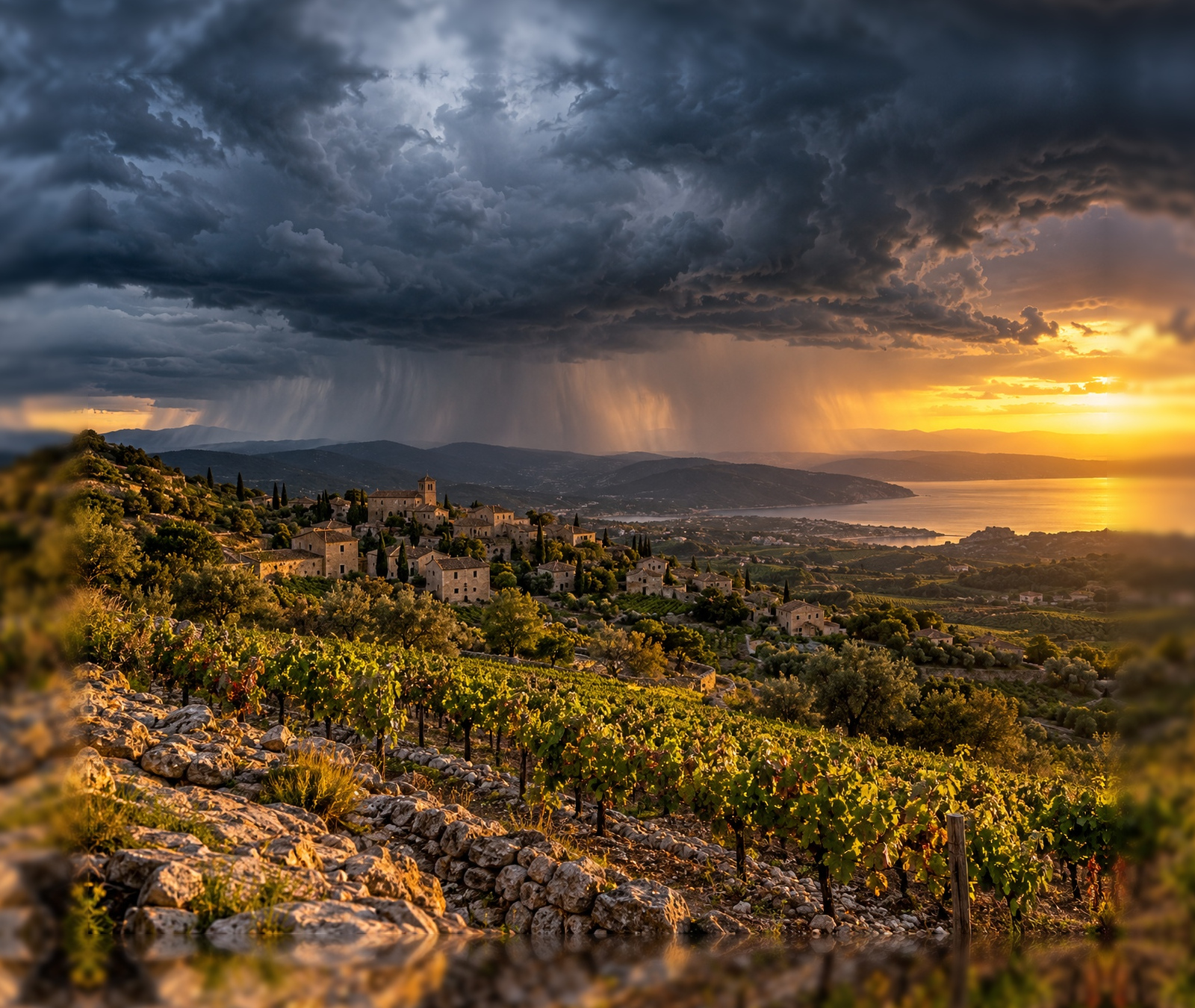 Vignobles et village du sud de la France sous un ciel d’orage avec rideaux de pluie