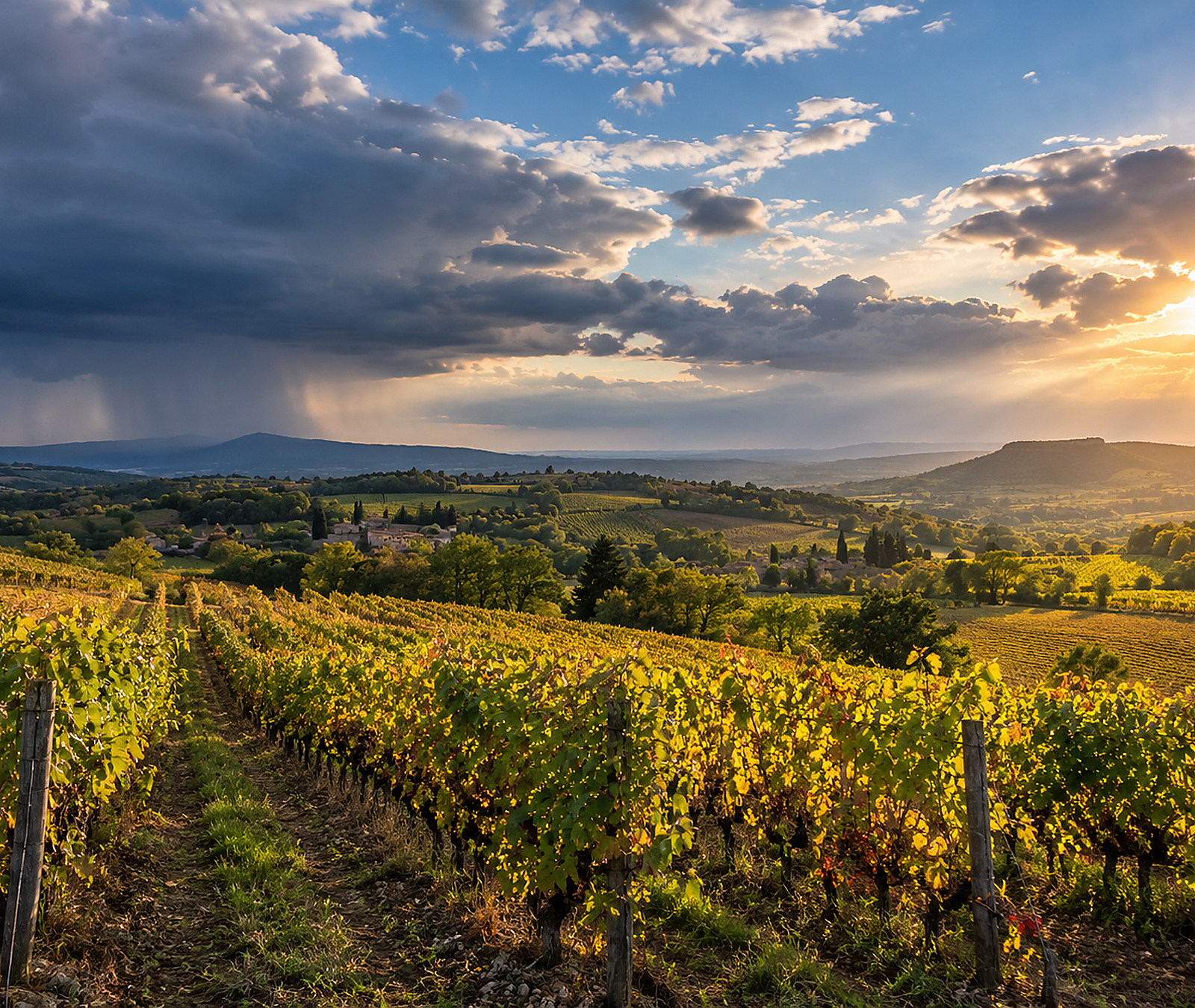 Vignobles français sous un ciel sombre avec averses et éclaircies