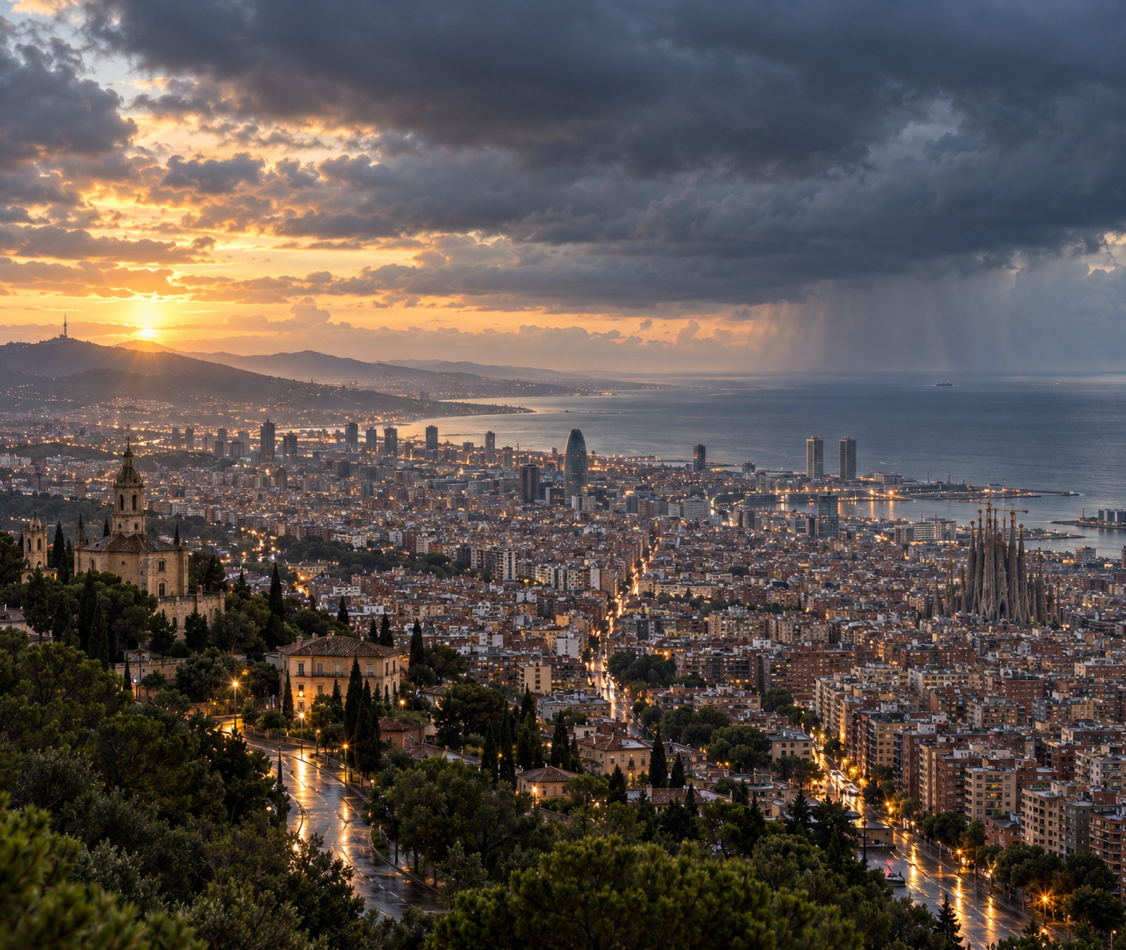 Vue de Barcelone et de la côte catalane sous des nuages d’orage en retrait au lendemain de la nuit agitée.