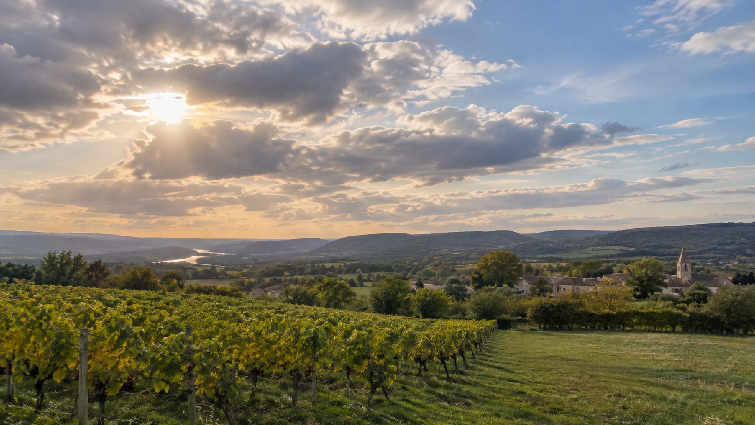 Vignobles et campagne française sous une lumière douce avec passages nuageux de fin d’été.