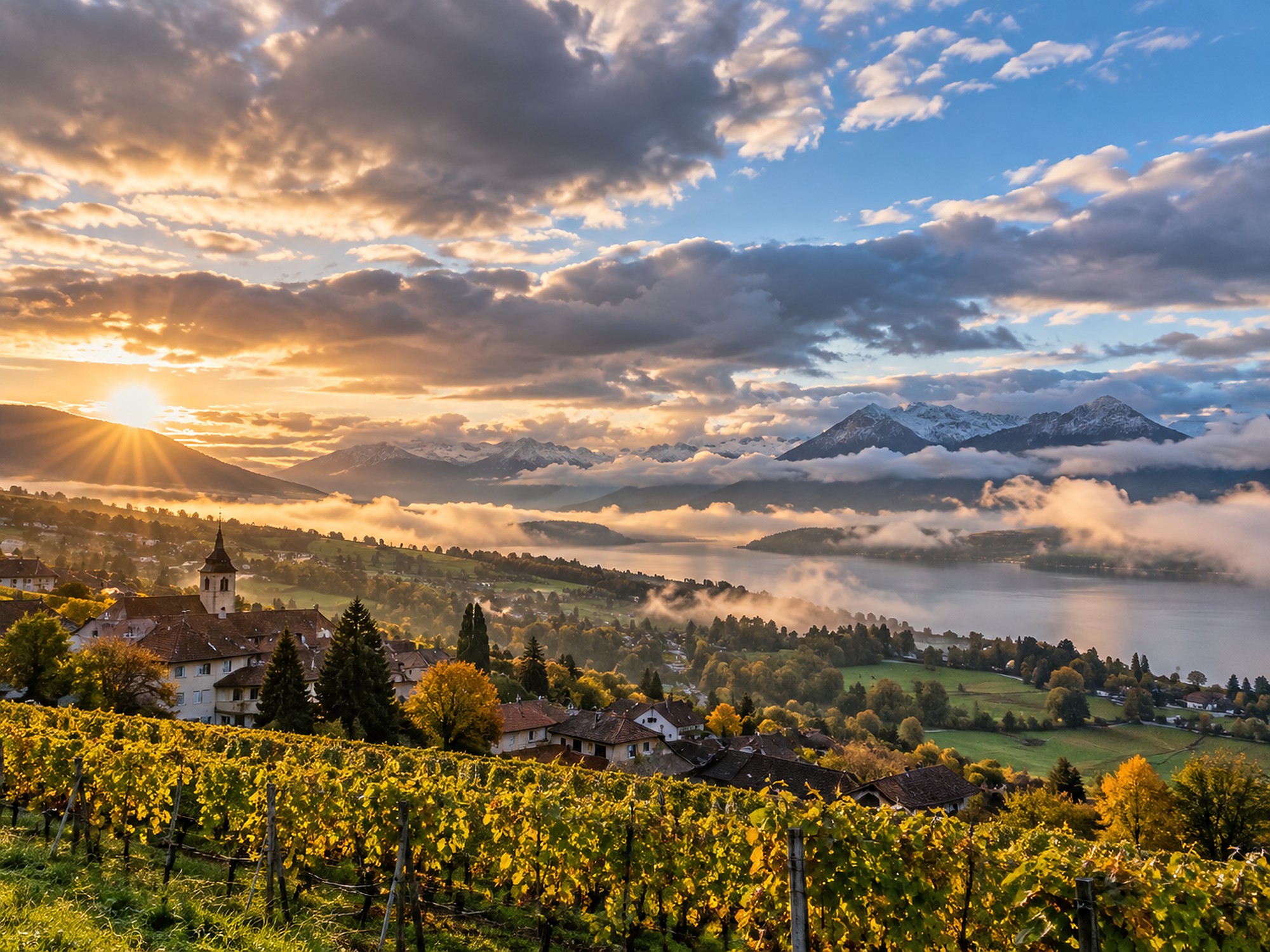 Paysage français d’automne avec vignobles, lac, reliefs et ciel changeant, image symbolique de la météo.
