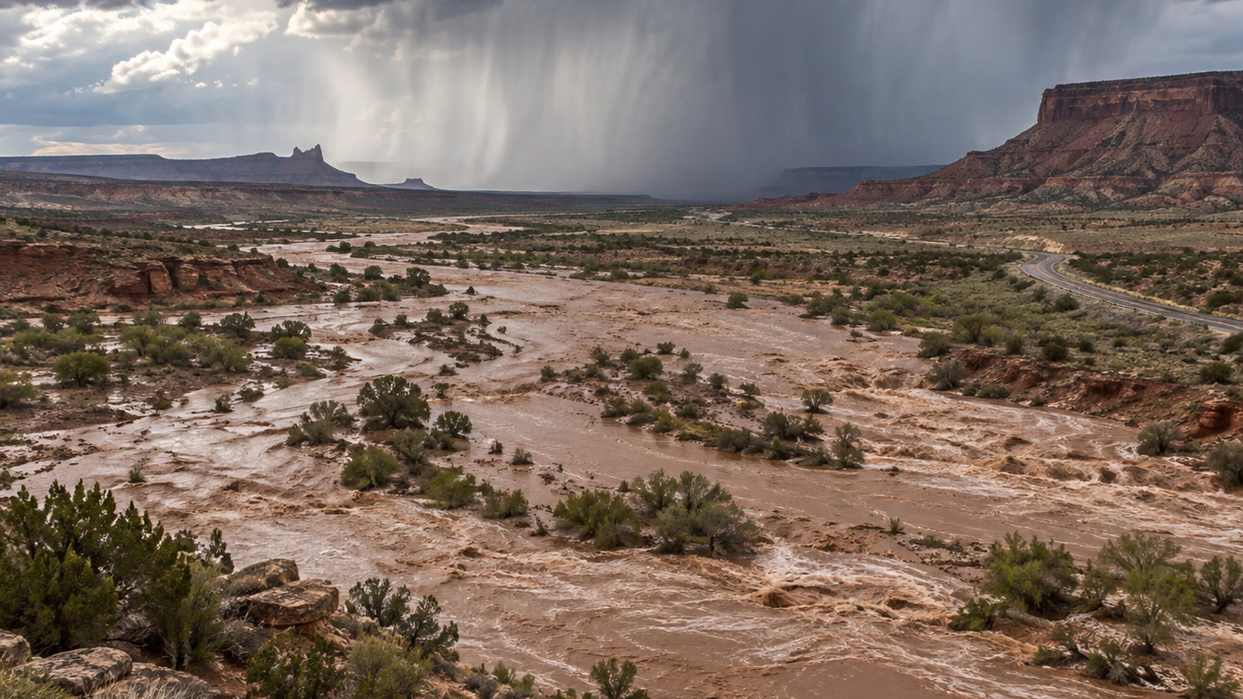 Crue boueuse et fortes pluies sous un orage dans un paysage désertique du sud-ouest américain