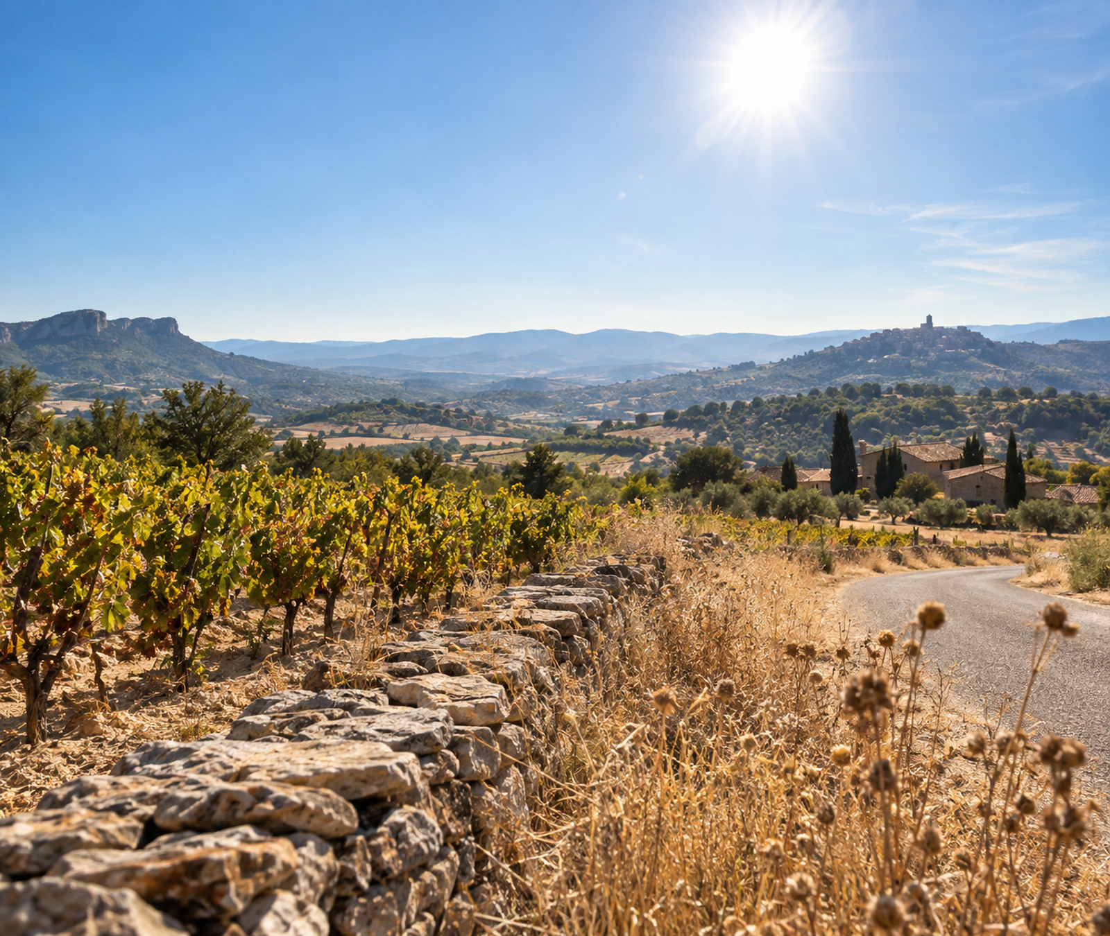 Paysage rural français desséché sous un soleil intense et une forte chaleur estivale
