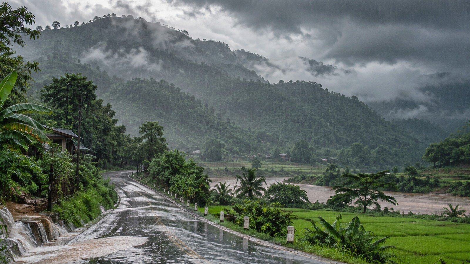 Pluie tropicale intense sur un paysage montagneux au Vietnam