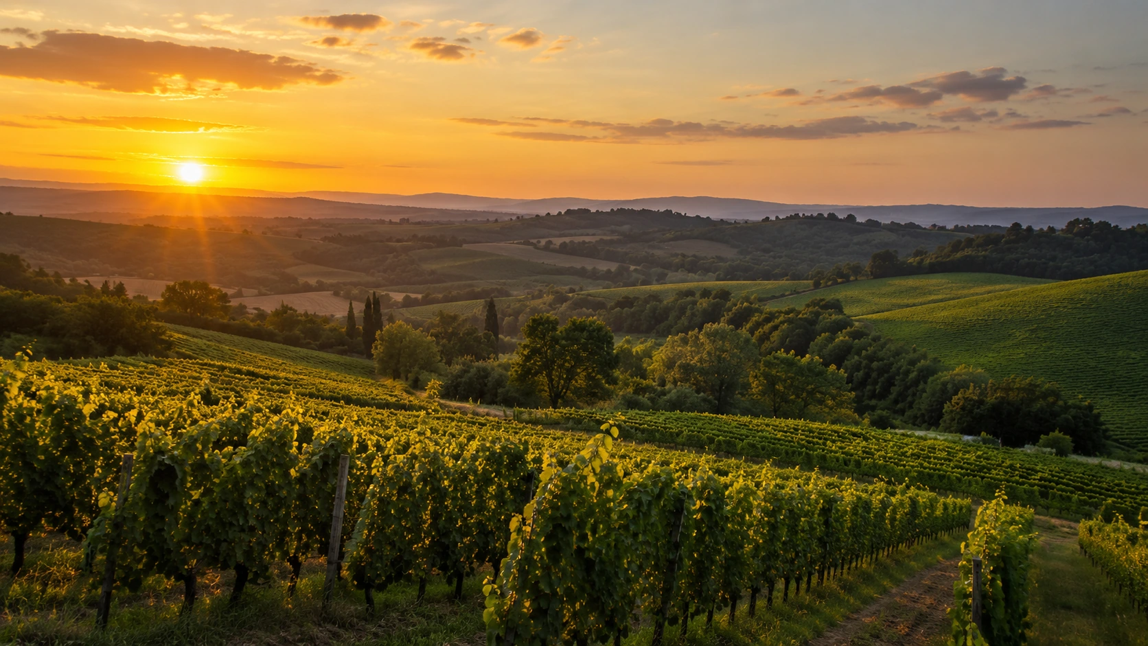 Vignobles et collines françaises sous une lumière dorée de fin de journée.
