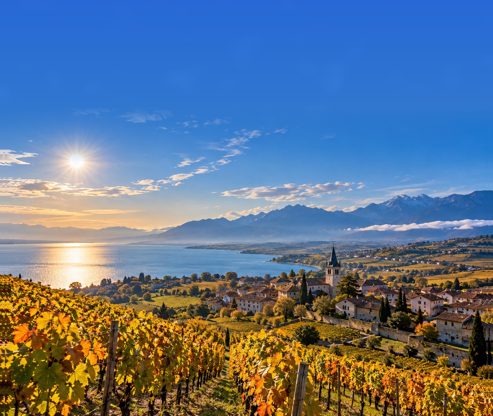 Paysage français lumineux de fin septembre avec vignobles, lac et reliefs sous un ciel ensoleillé.