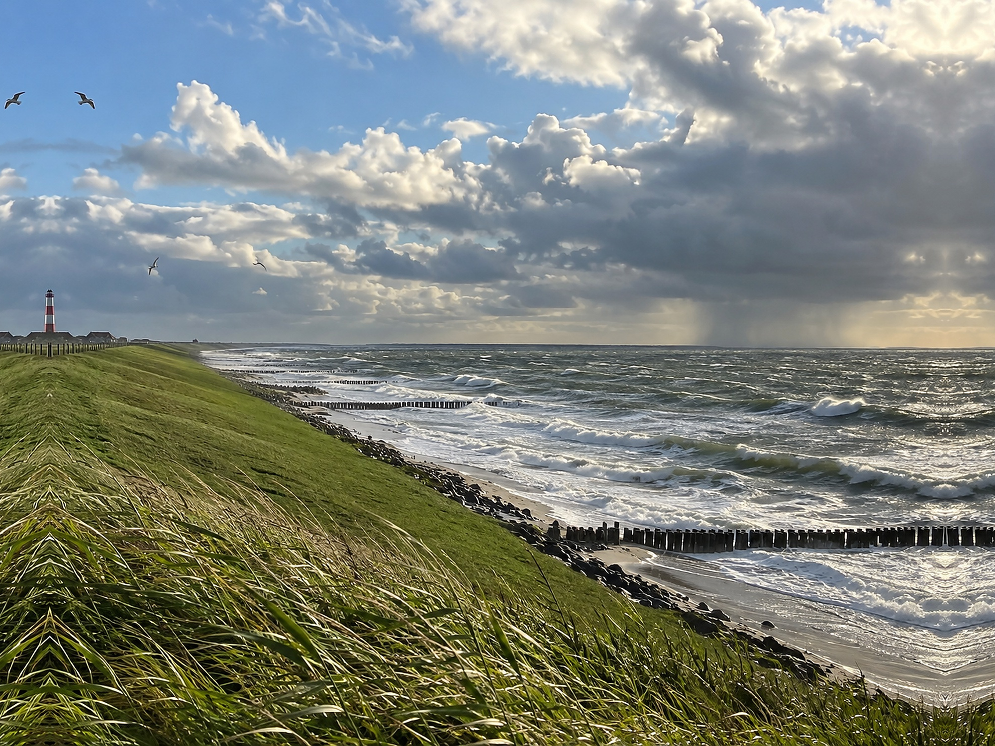 Côte française sous un ciel de septembre venté, mer agitée et éclaircies entre les nuages
