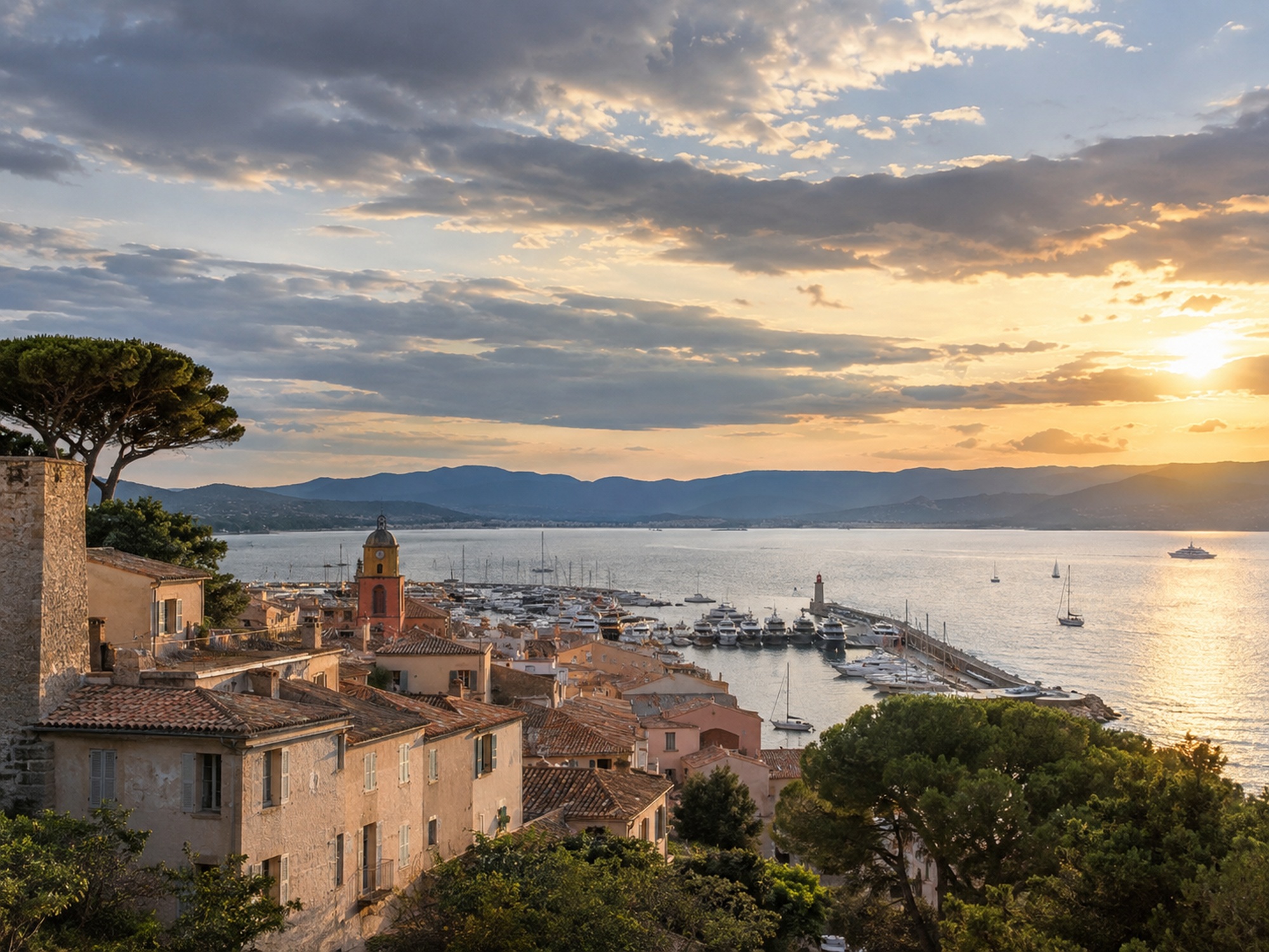 Ville côtière française et port de plaisance sous une douce lumière du soir