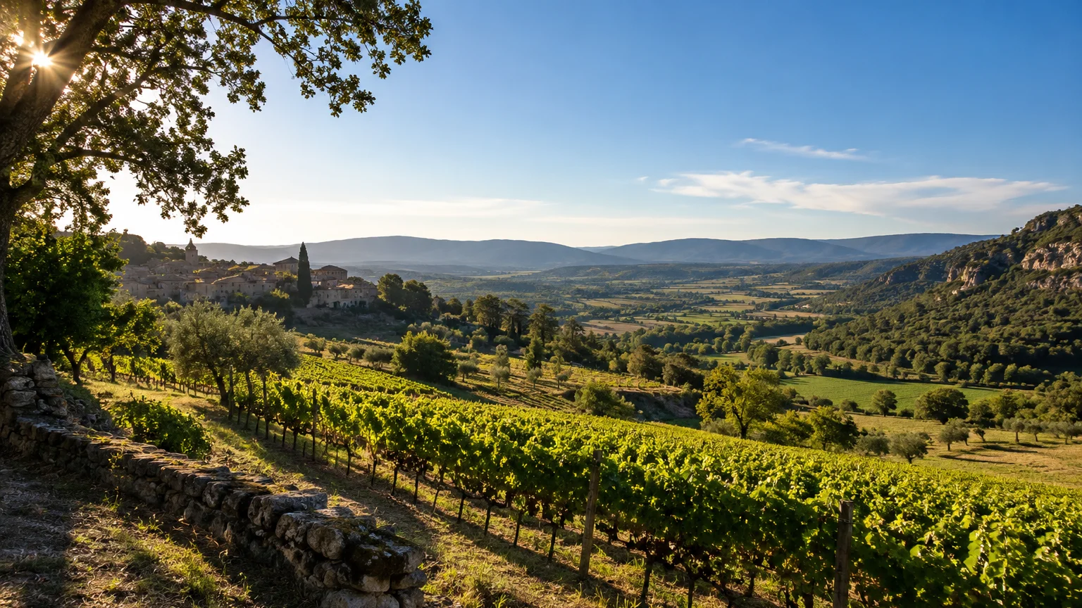 Paysage viticole français sous un ciel clair et une lumière de septembre.