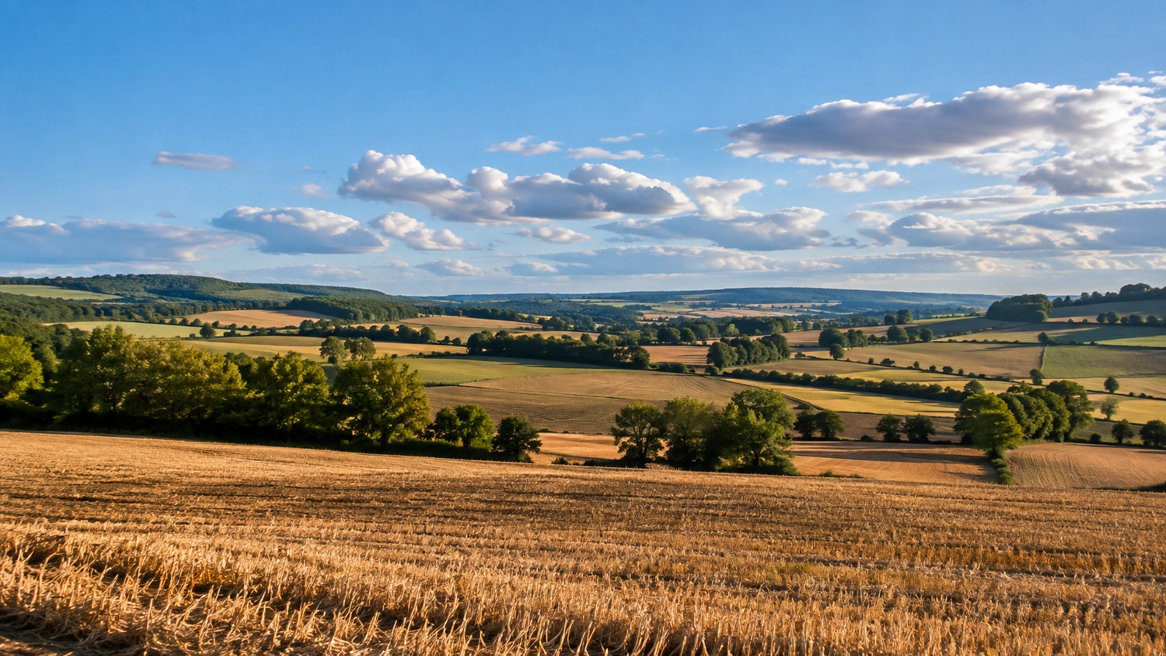 Campagne française vallonnée avec champs moissonnés, haies et cumulus sous un ciel lumineux.