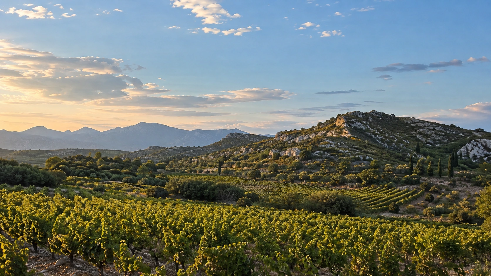 Vignobles français sur des collines ondulées sous un ciel lumineux de septembre.