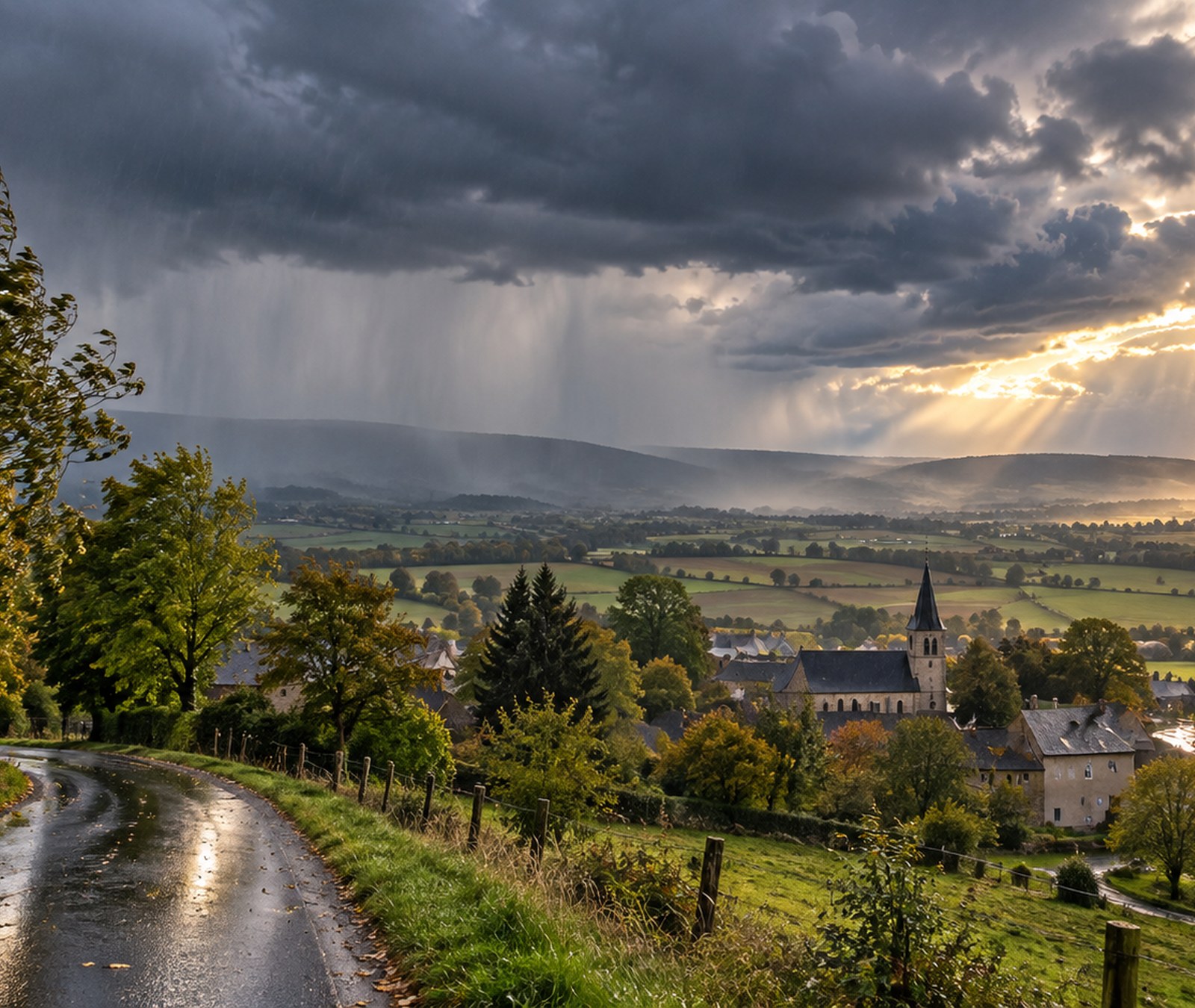 Paysage français sous une bande pluvieuse avec des éclaircies lumineuses à l’horizon.