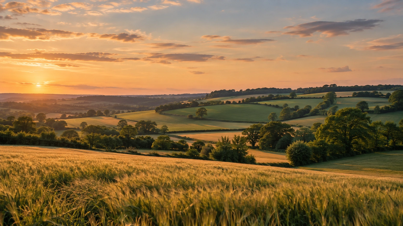 Paysage rural français avec champs dorés, collines et lumière de fin de journée.