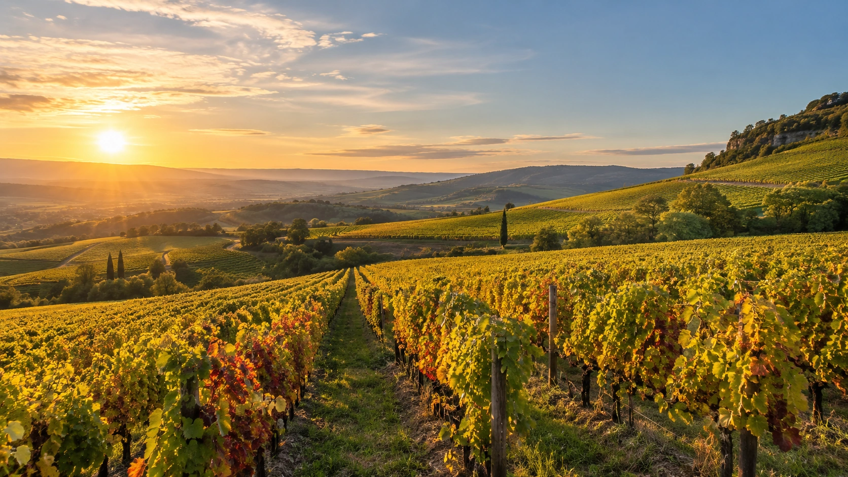 Vaste vignoble français baigné par une lumière chaude de fin d’été.
