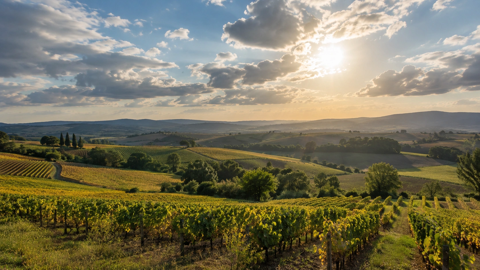 Vignobles français baignés de lumière avec collines ondulées et nuages de septembre.