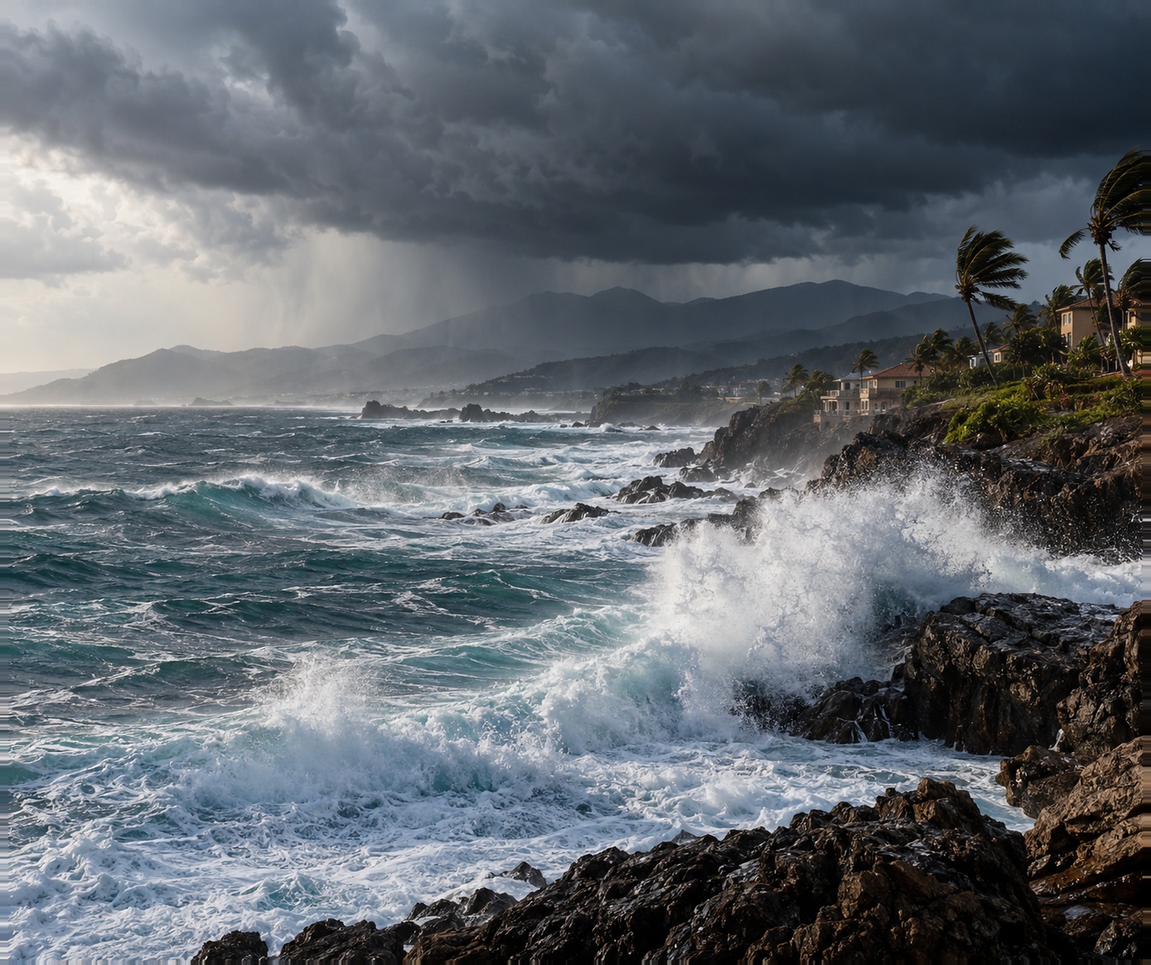 Illustration générée par IA : palmiers balayés par le vent et rideaux de pluie sur un rivage du Pacifique tropical.