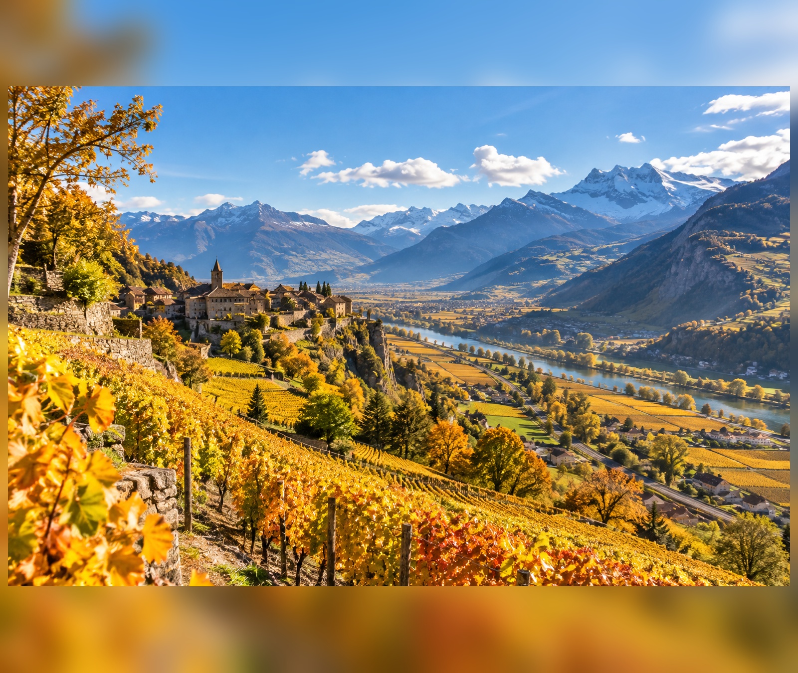 Paysage français d’automne ensoleillé entre vignobles, vallée et montagnes, image d’illustration.