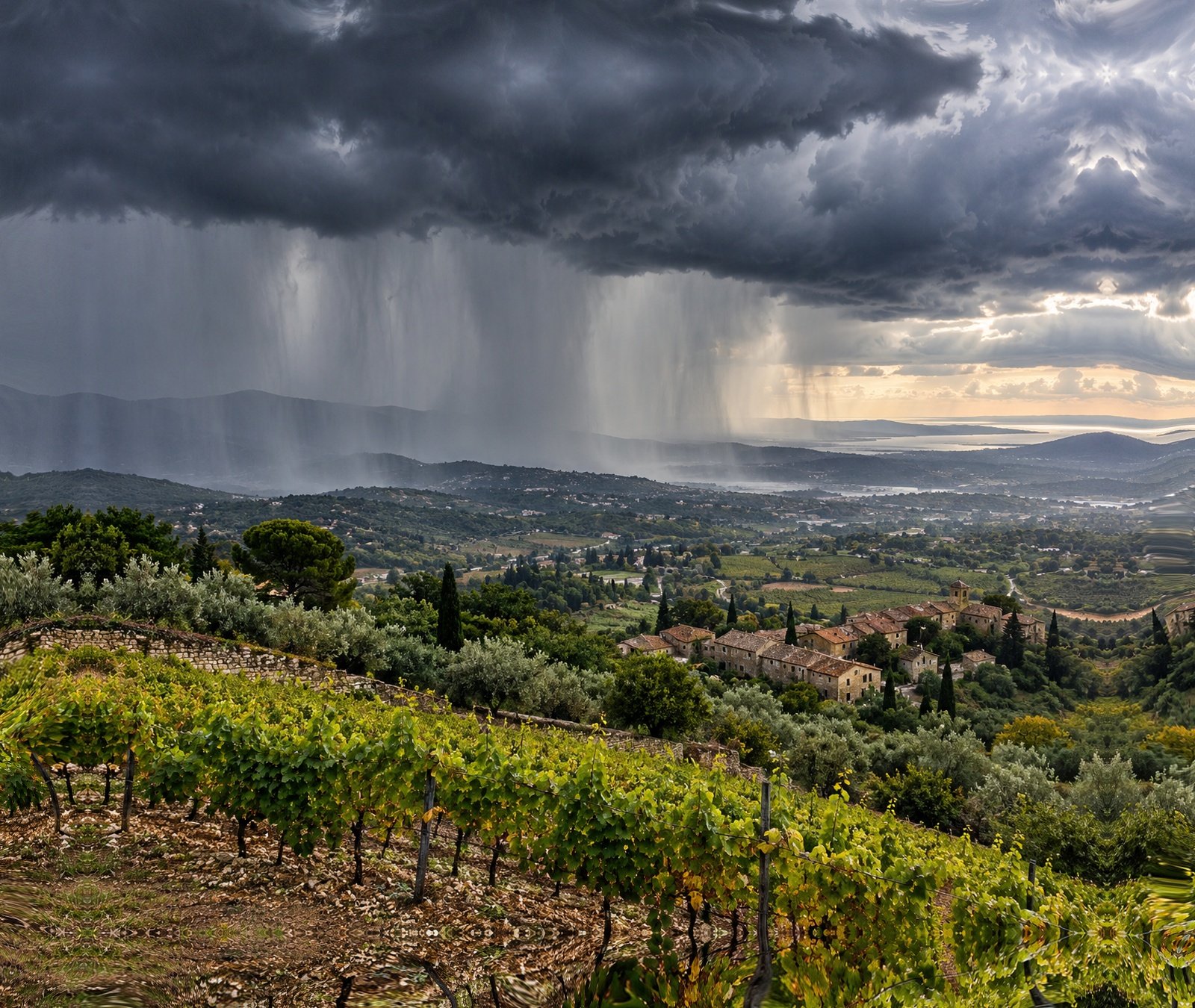 Paysage viticole du sud de la France sous de fortes pluies et un ciel d’orage