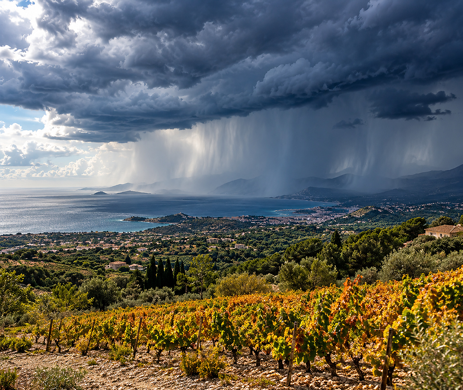 Vignobles du sud de la France sous de fortes averses orageuses près de la Méditerranée