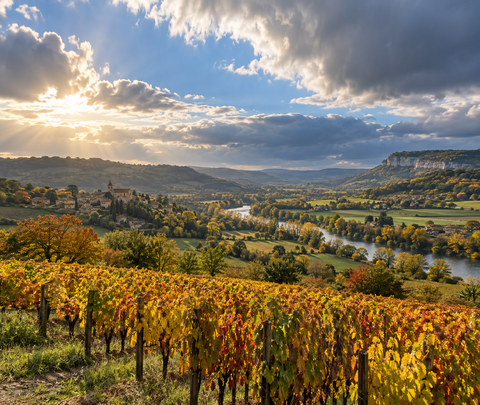Paysage français d’automne avec vignobles, rivière, éclaircies et nuages changeants