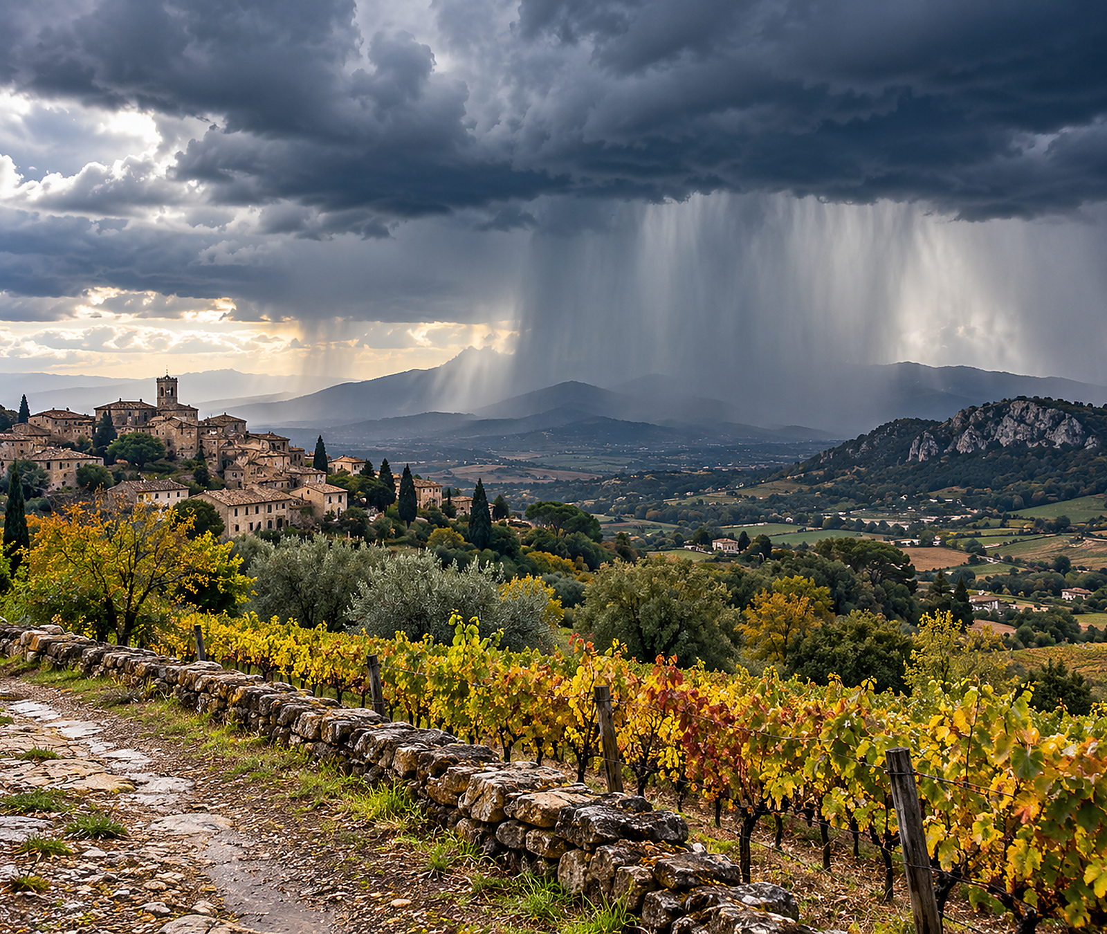 Paysage du sud de la France avec vignobles sous de fortes averses orageuses au loin