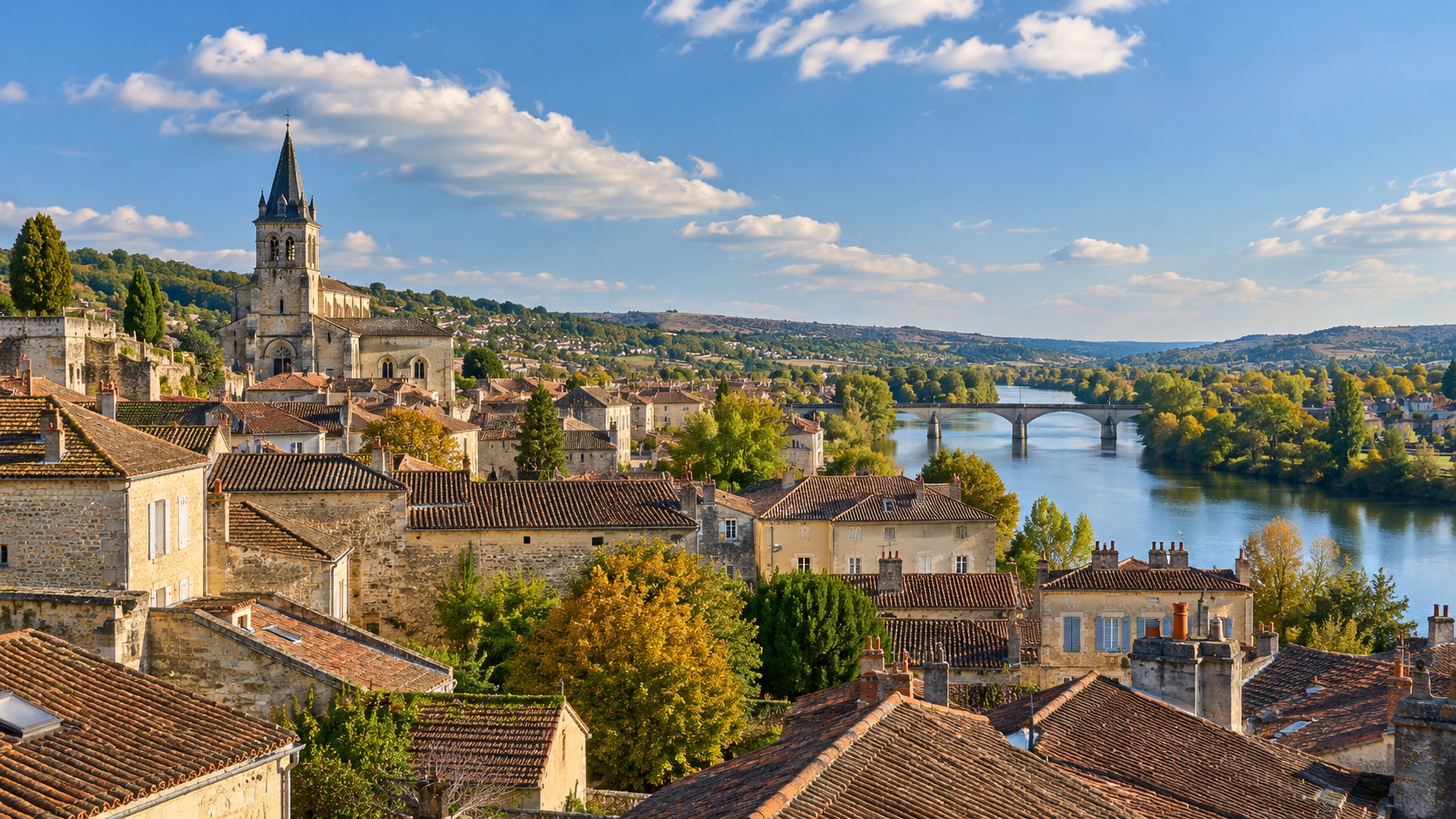 Paysage automnal en France sous un ciel calme avec de belles éclaircies.