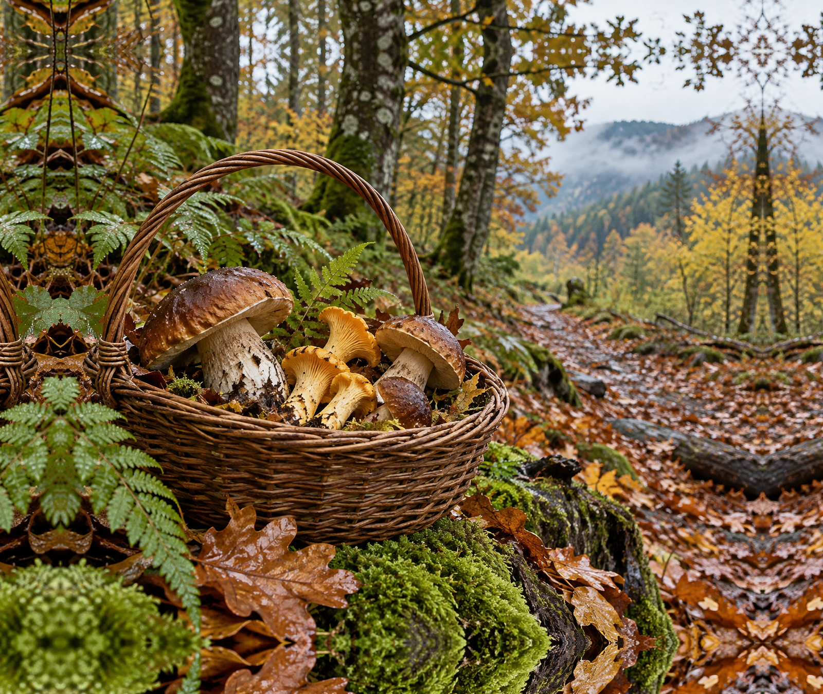 Panier de champignons dans une forêt automnale humide, image d’illustration sans identification des espèces