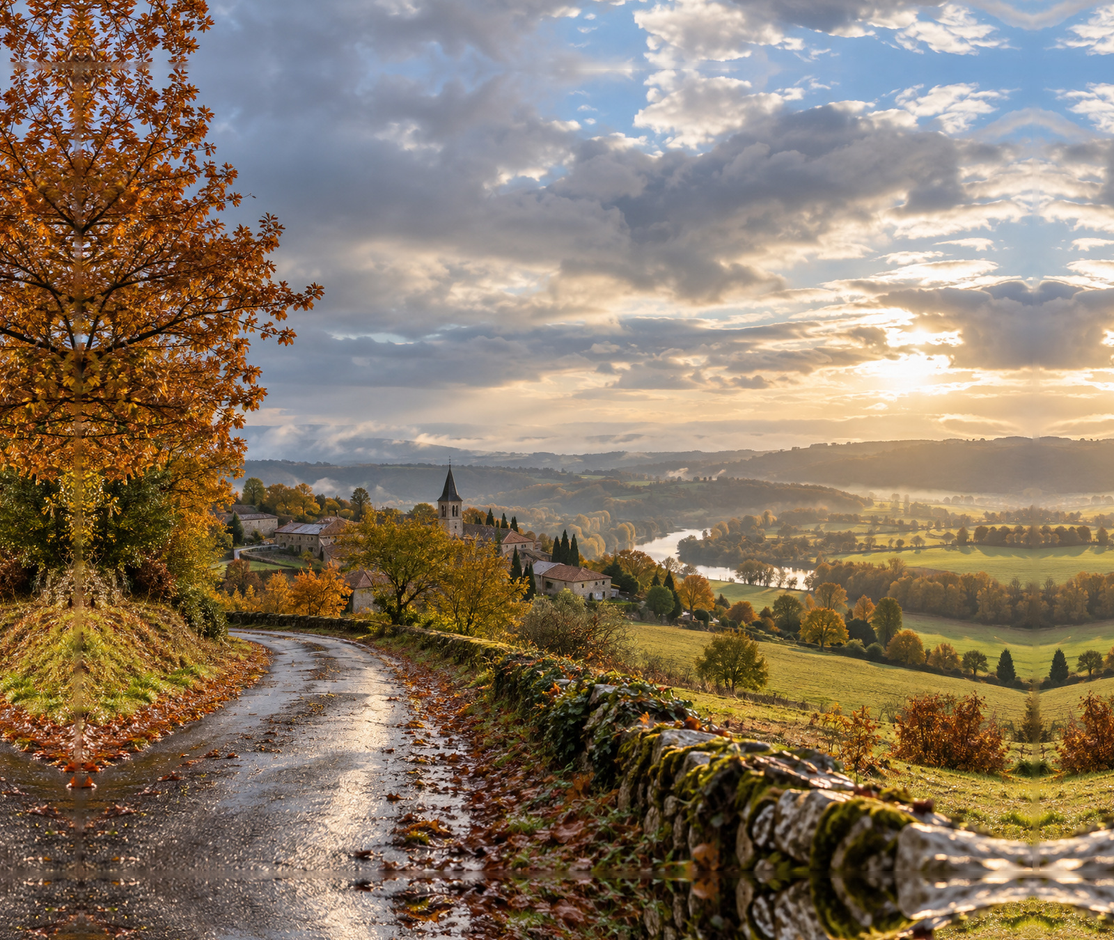 Paysage français d’automne avec route humide, nuages, éclaircies et lumière de fin de journée