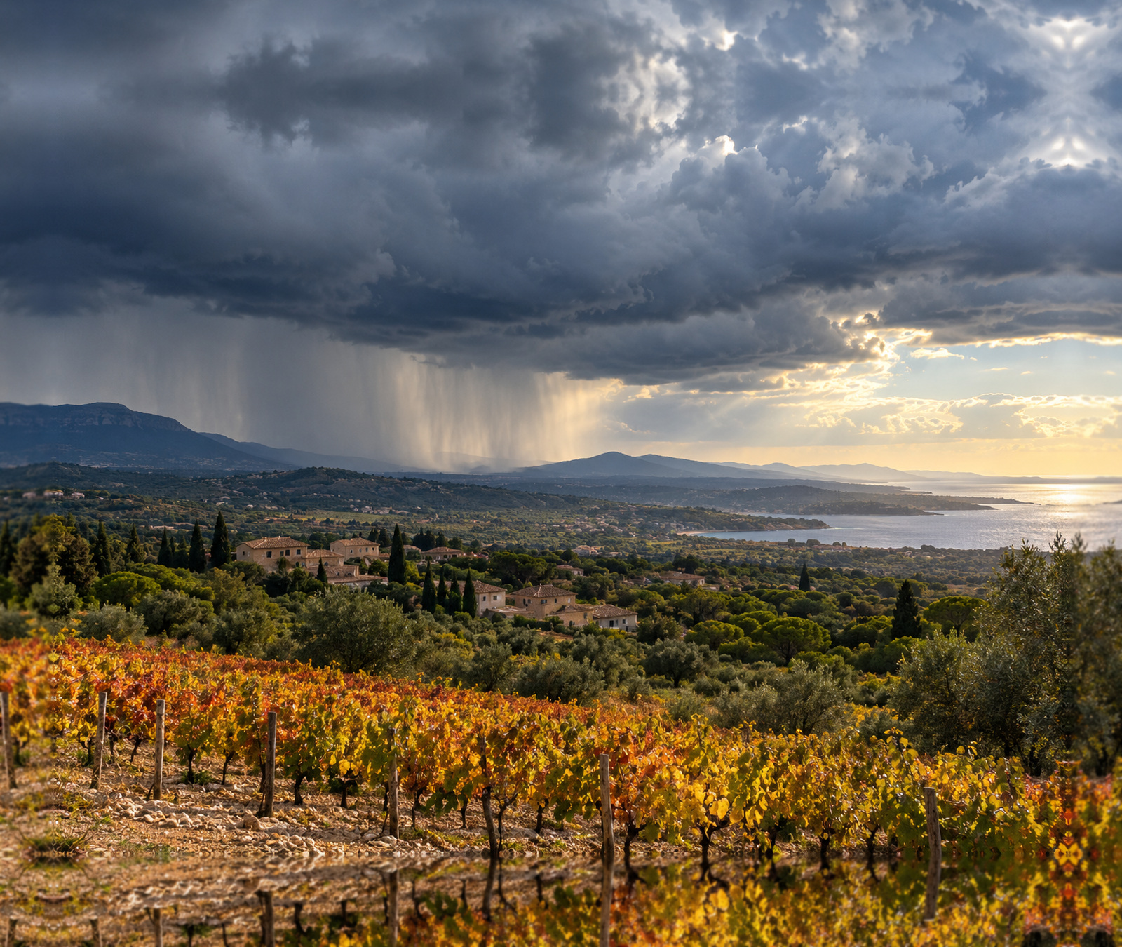 Paysage automnal du sud de la France sous des nuages de pluie, image symbolique des pluies attendues mardi en Méditerranée.