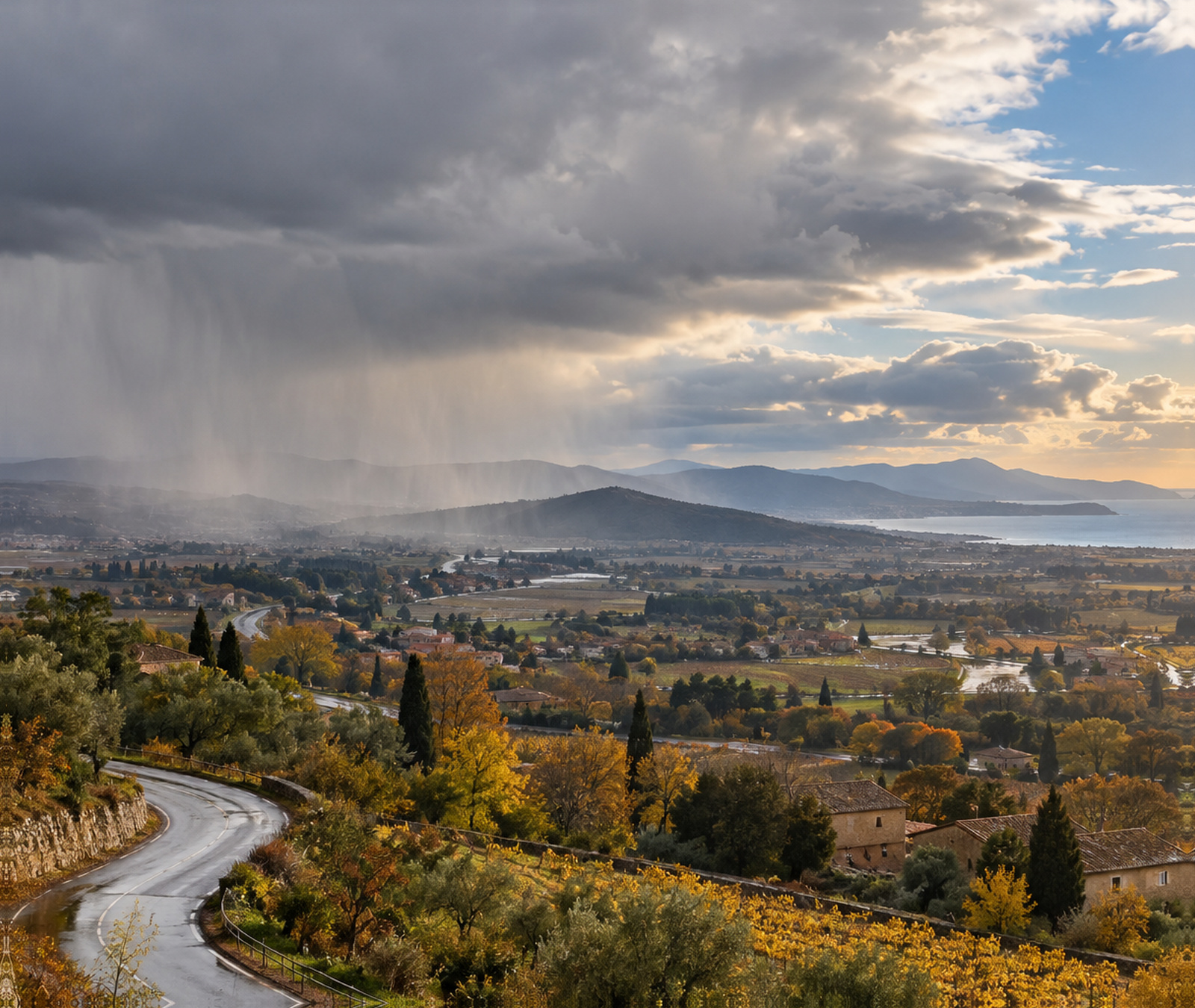 Image symbolique d’un temps automnal plus calme en France avec nuages, éclaircies et route humide