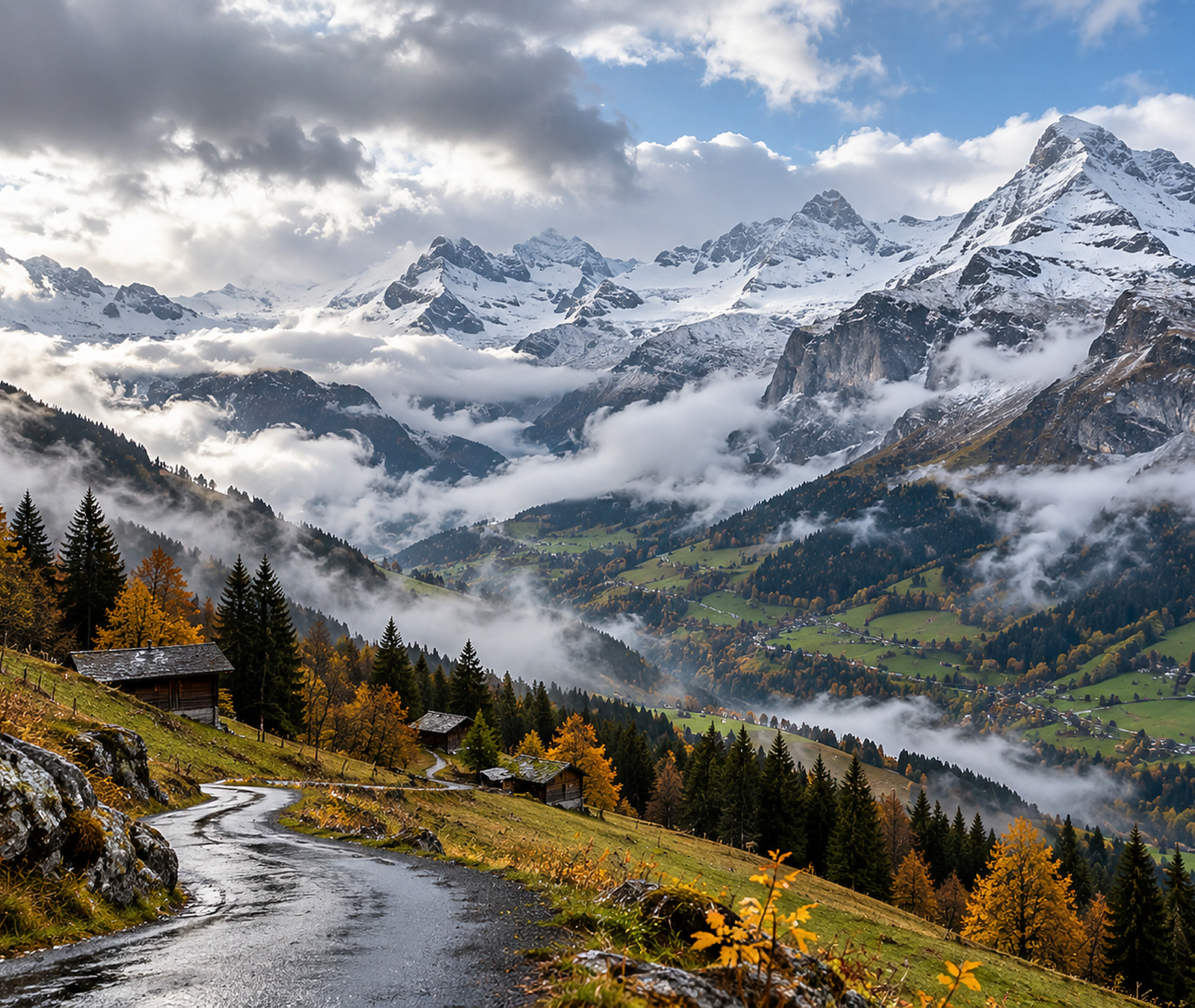 Route alpine française humide sous les nuages avec neige sur les hauts sommets et couleurs d’automne, image symbolique du temps frais et changeant.