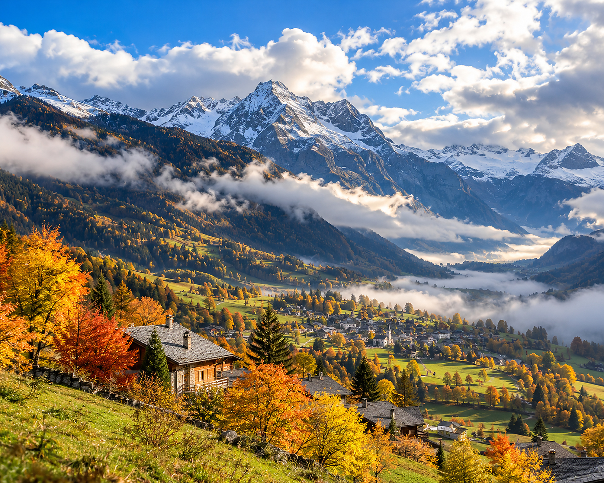 Paysage automnal français avec montagnes, vallée et alternance de soleil et de nuages